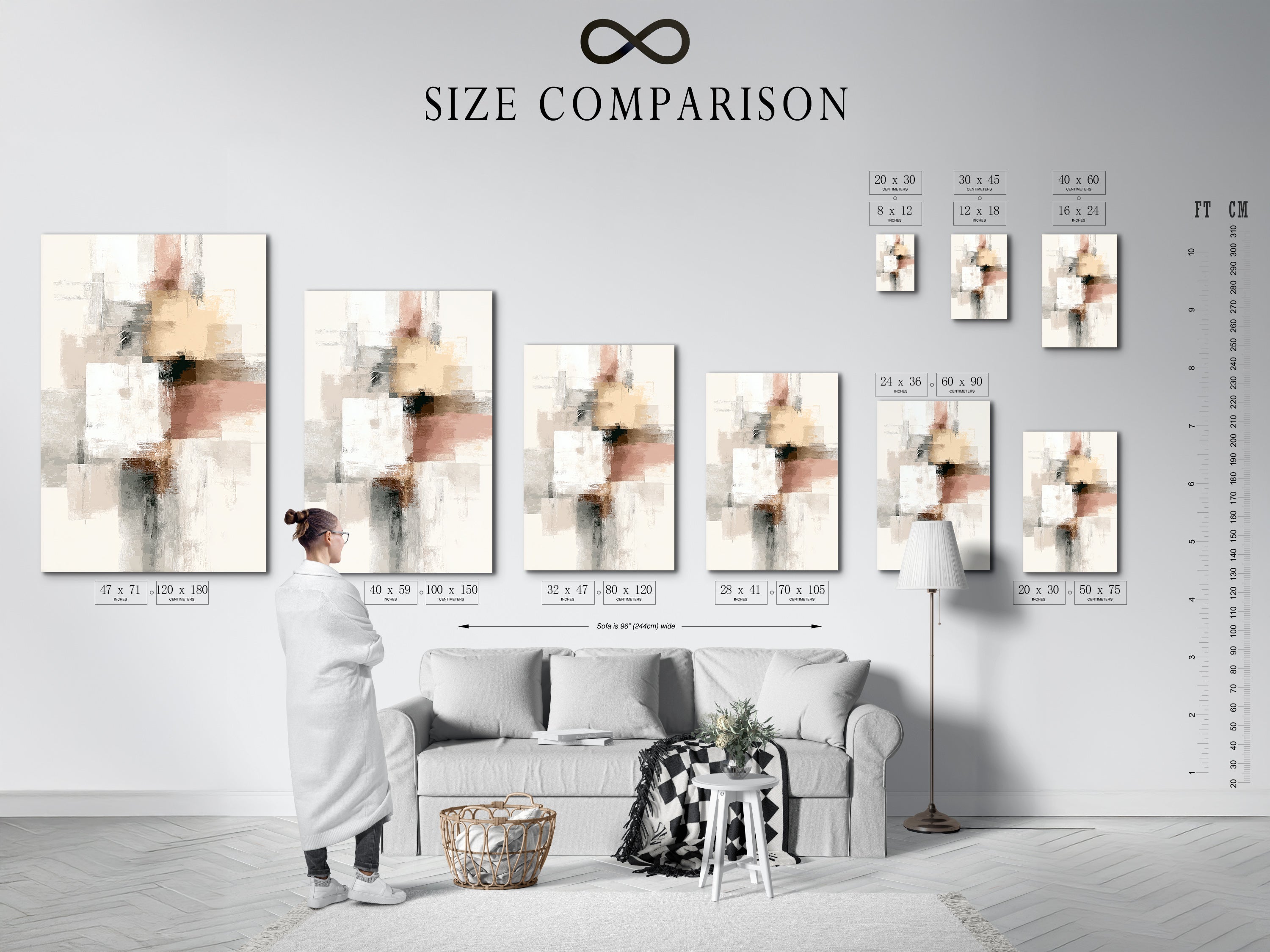 A size comparison chart is displayed in an interior setting. It showcases various sizes of abstract artwork. The neutral blush pink and gray tones complement the decor. This modern minimalist print is suitable for different wall spaces. Use this chart to find the perfect size for your room.