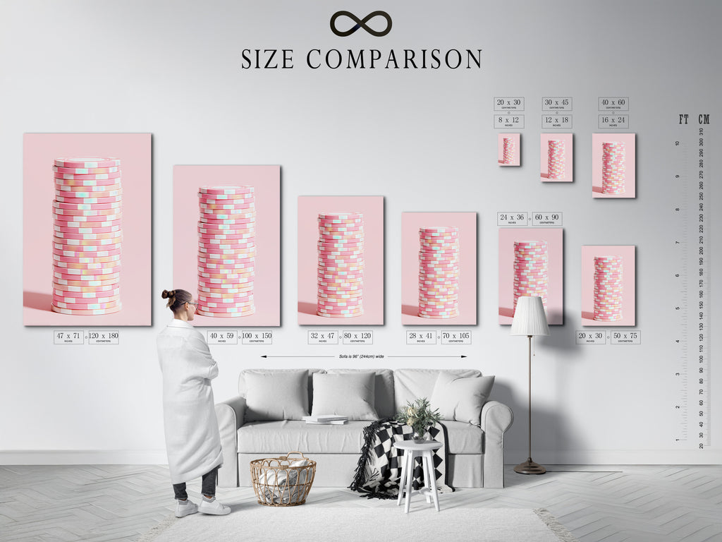 A size comparison chart displayed in an interior setting. The chart shows various dimensions for abstract geometric canvas prints. Find the perfect size for your pink pastel wall art. Ideal for planning your modern minimalist decor.