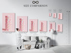 A size comparison chart displayed in an interior setting. The chart shows various dimensions for abstract geometric canvas prints. Find the perfect size for your pink pastel wall art. Ideal for planning your modern minimalist decor.