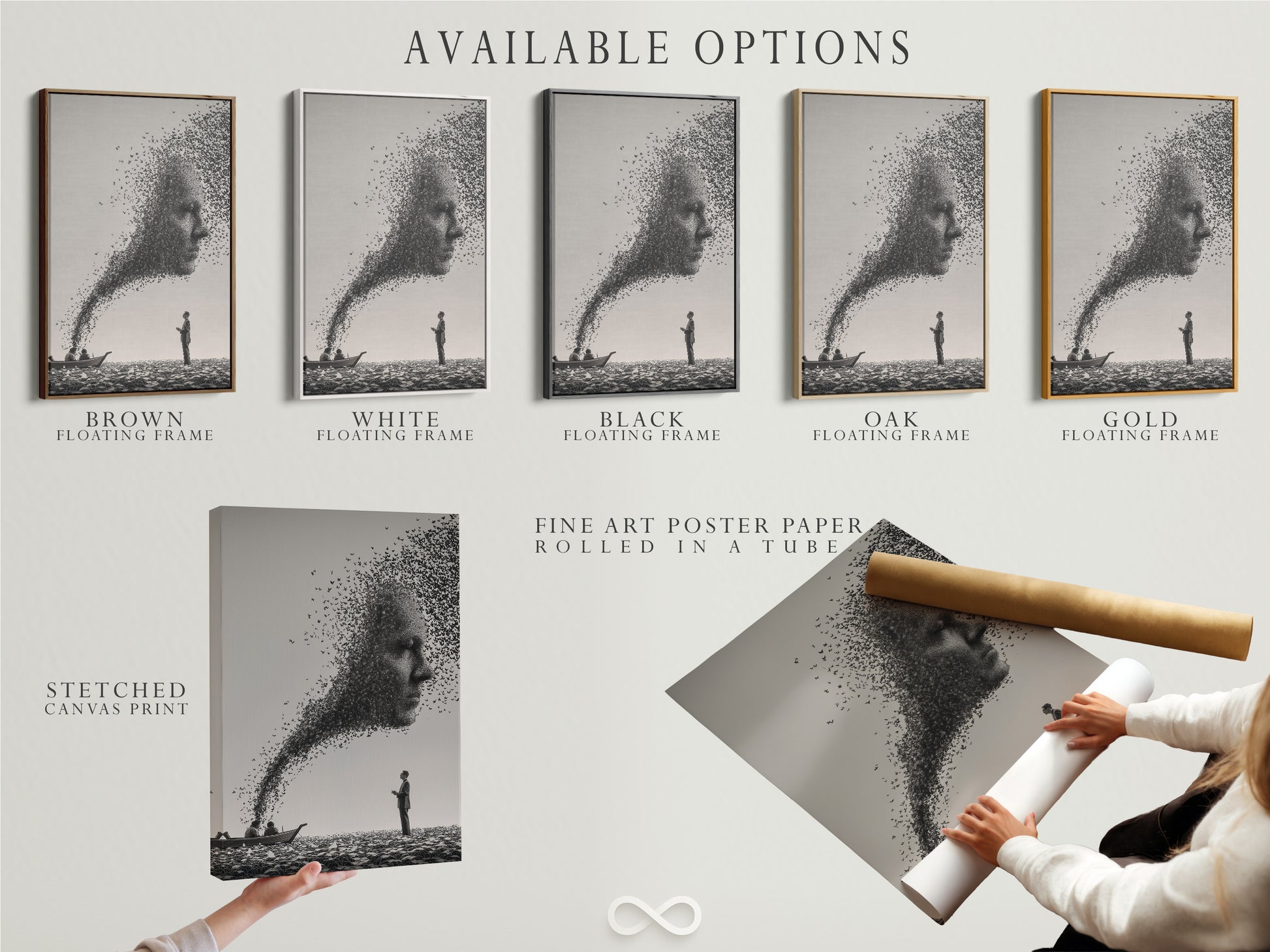Available options are displayed. These include a stretched canvas print. Fine art poster paper is also featured. A floating frame completes the selection. Choose the perfect format for your artwork. Each option offers a unique way to showcase your favorite pieces. Explore all our available options today.