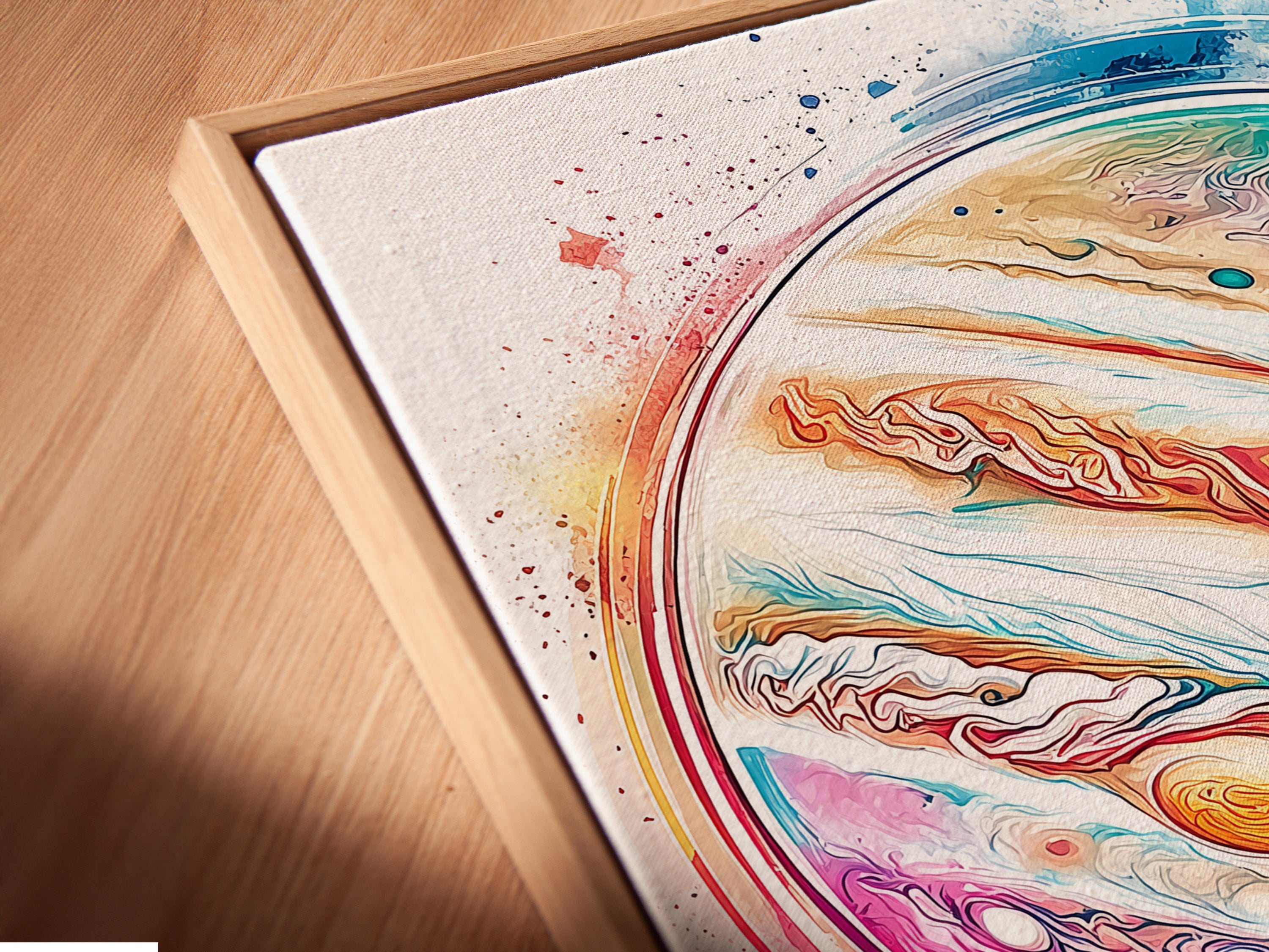 Angled close up of a canvas print in floating frame. The modern celestial artwork is a Jupiter Abstract Canvas Print. The colorful planet wall art adds style to your home. Perfect cosmic decor for modern homes.
