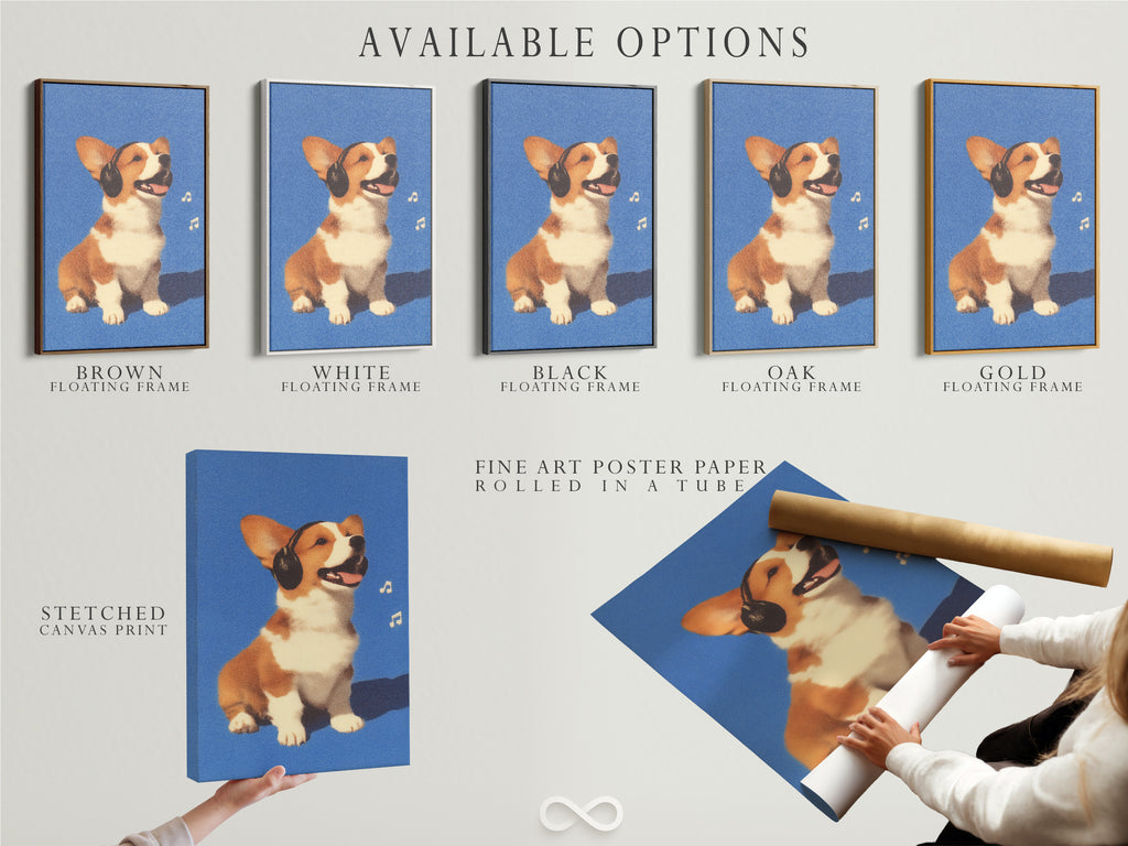 Available options: stretched canvas print fine art poster paper floating frame of Corgi Music Artwork Print. Dog listening to headphones canvas wall art. A blue pet portrait for office wall decor. Ideal for dog lovers seeking unique wall art.