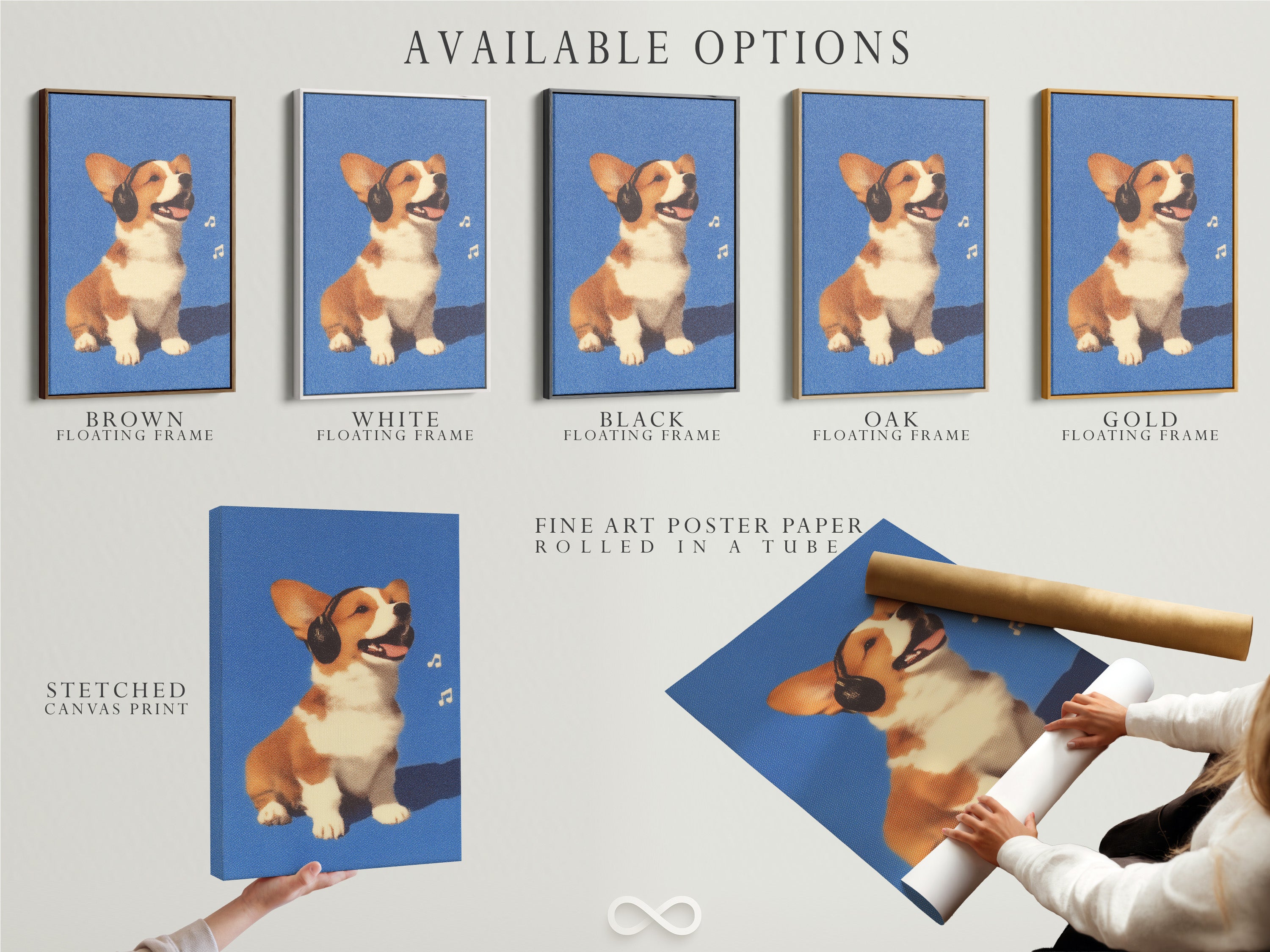 Available options: stretched canvas print fine art poster paper floating frame of Corgi Music Artwork Print. Dog listening to headphones canvas wall art. A blue pet portrait for office wall decor. Ideal for dog lovers seeking unique wall art.