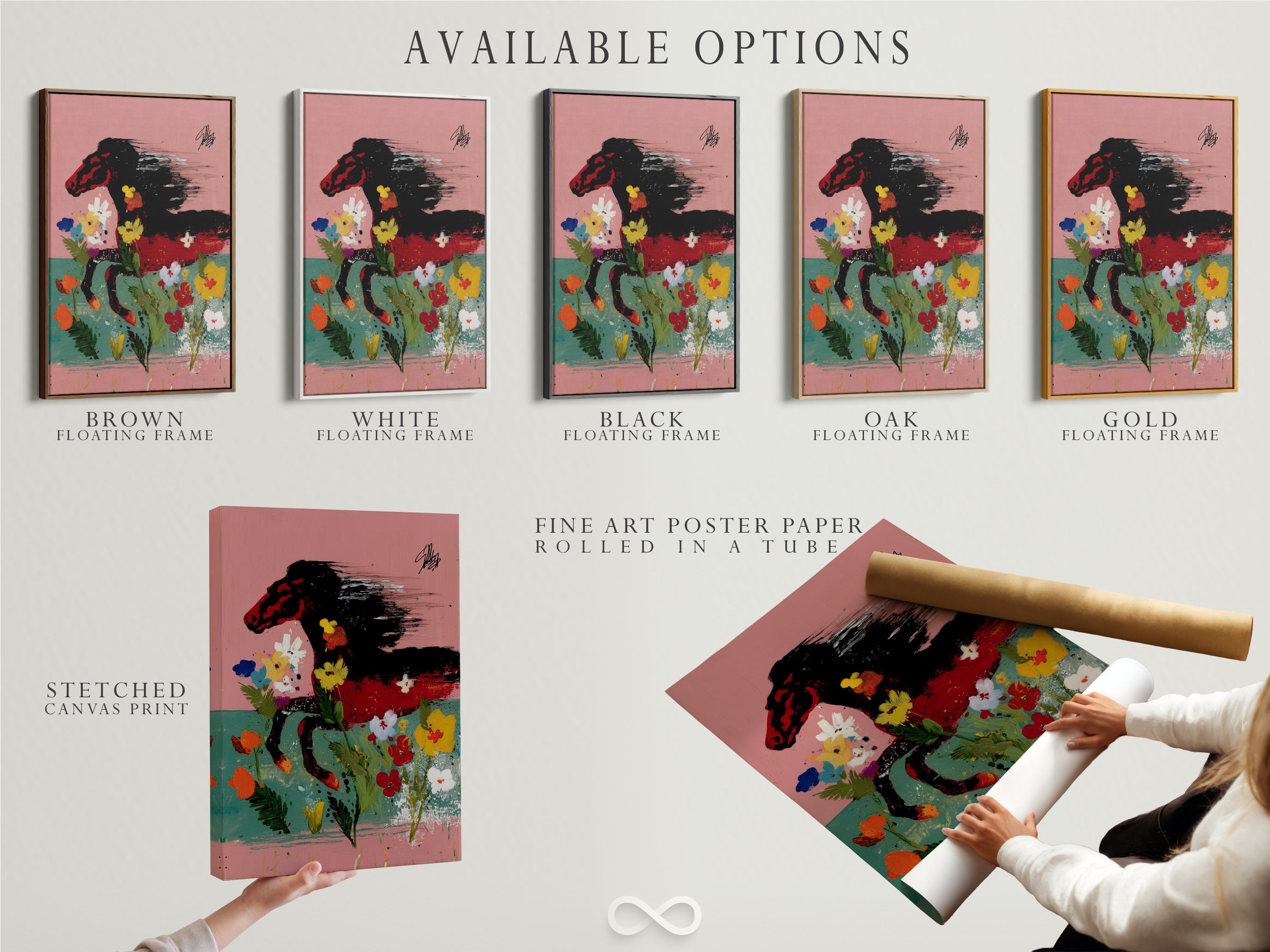 Available options for Wild Horse Canvas Art are showcased including stretched canvas print fine art poster paper and floating frame. Choose the perfect format to suit your style and decor needs. Enhance your space with this colorful equestrian wall art today.