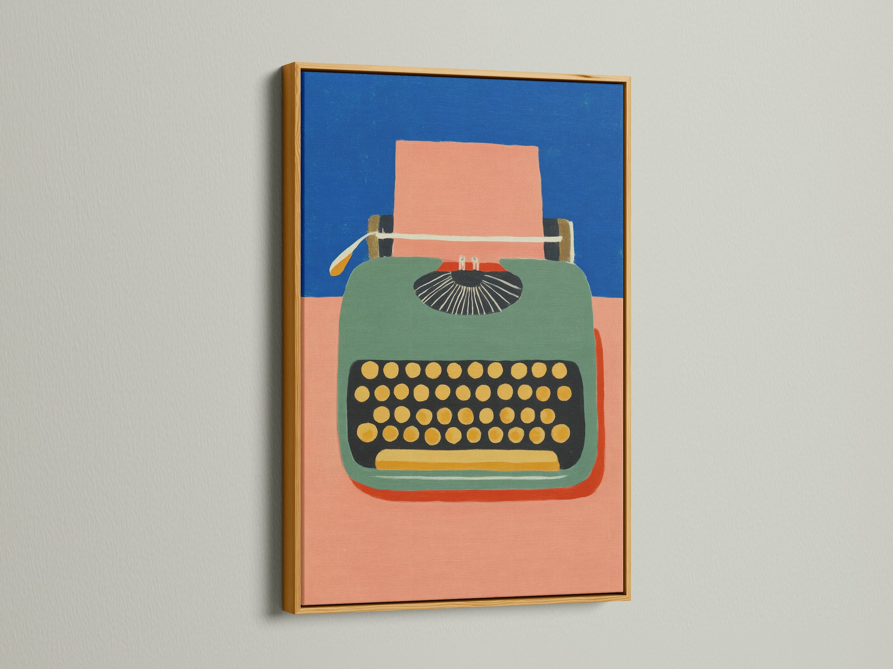 The Typewriter Canvas Print gleams with a gold frame. This vintage-style artwork features a green typewriter. The gold accentuates the retro office decor. It would make a unique artwork piece for any space whether office or home.