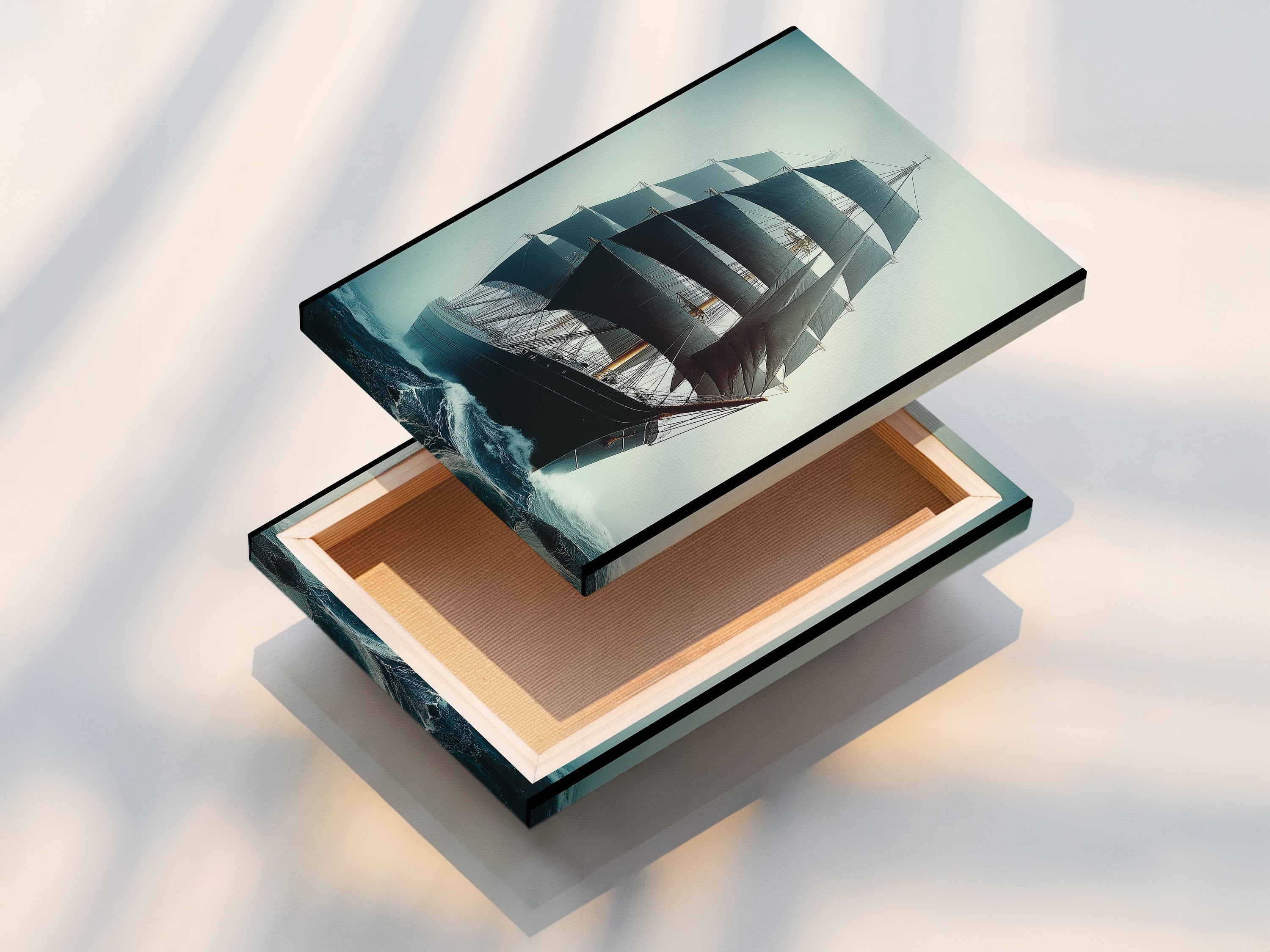 A stretched canvas print of a sailing ship. The artwork is a vintage tall ship on the ocean. The canvas texture enhances the nautical wall art. Perfect for creating a focal point.