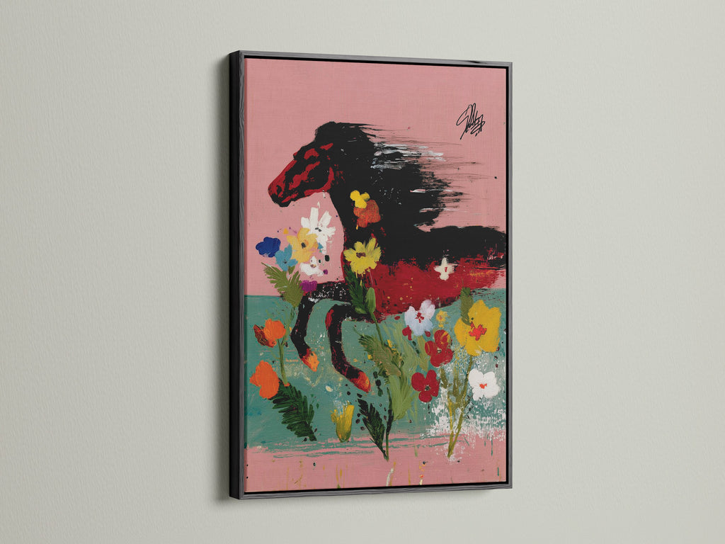 Wild Horse Canvas Art presented in a sleek black frame. The abstract animal art makes a bold statement in any room. Add a touch of equestrian elegance to your home decor. This horse artwork is perfect for those seeking unique wall accents.