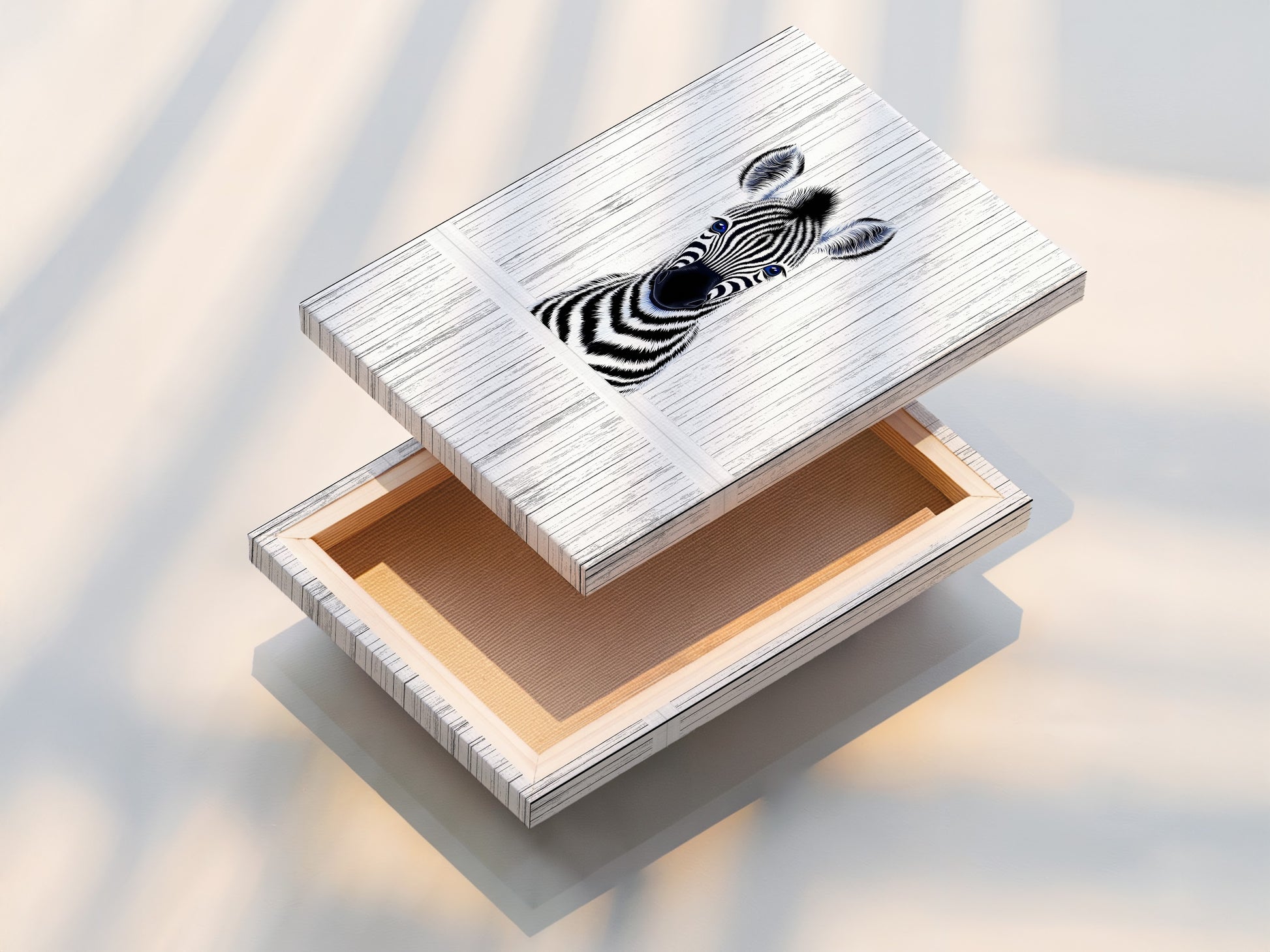 A beautifully stretched canvas print featuring the Baby Zebra artwork. This canvas is ready to hang in a nursery. It will enhance any kids room decor. The stretched canvas brings out the minimalist art. Perfect as animal canvas.