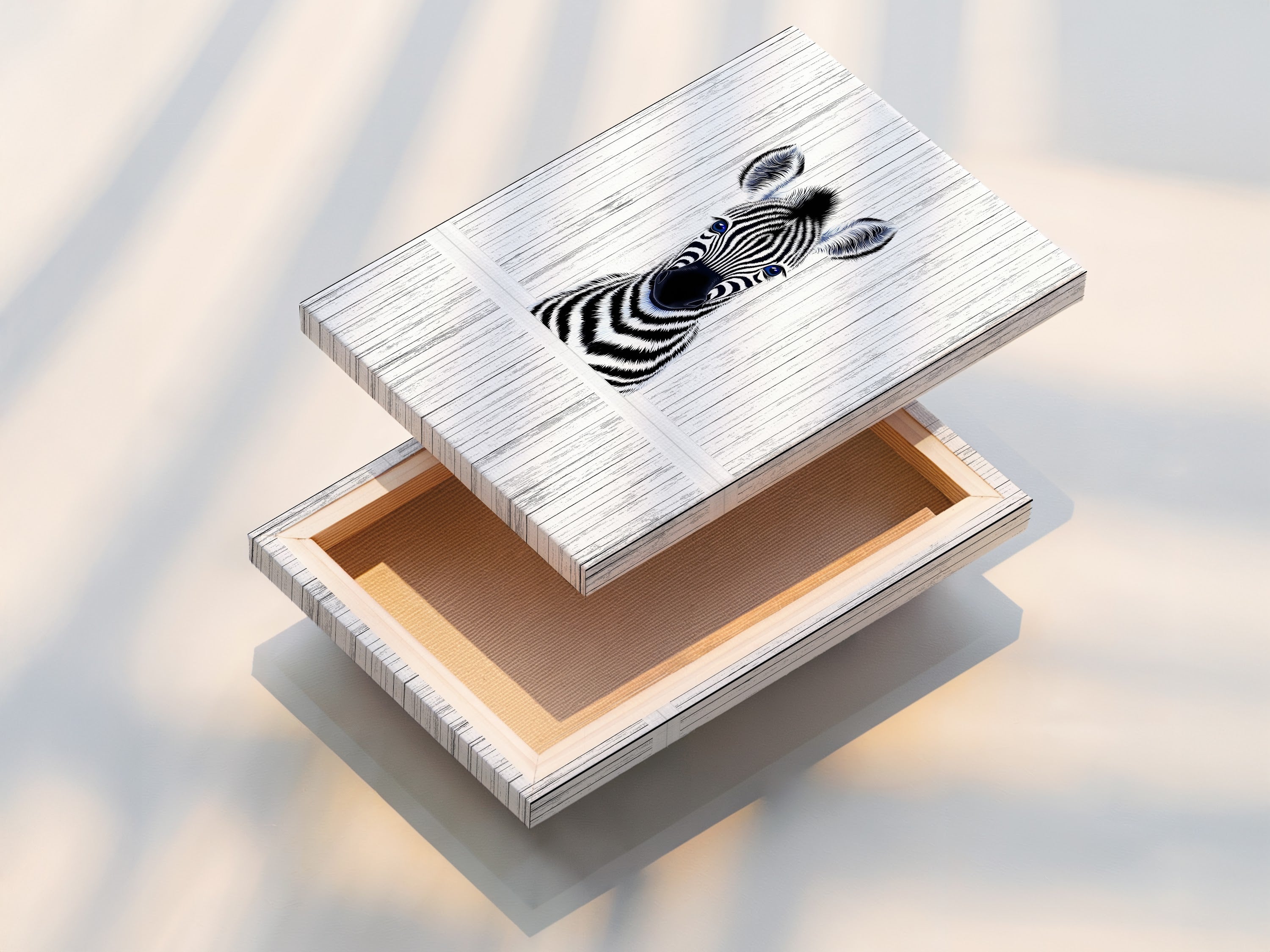 A beautifully stretched canvas print featuring the Baby Zebra artwork. This canvas is ready to hang in a nursery. It will enhance any kids room decor. The stretched canvas brings out the minimalist art. Perfect as animal canvas.