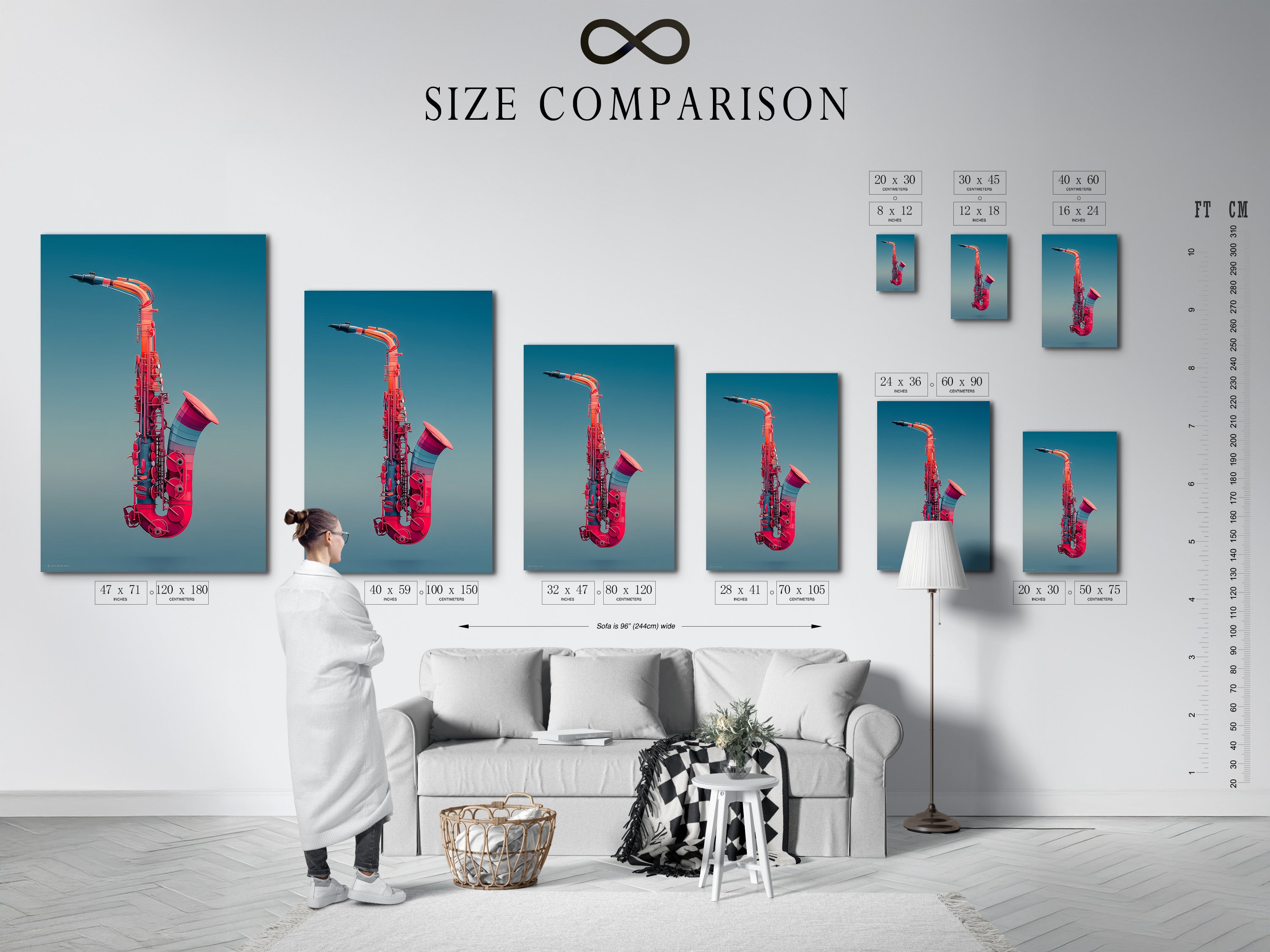 A size comparison chart displayed in an interior setting. Visualize the saxophone artwork in different dimensions. See how the pink Jazz music wall art fits your space. Options for a modern instrument print. Plan your home office or studio decor effectively.