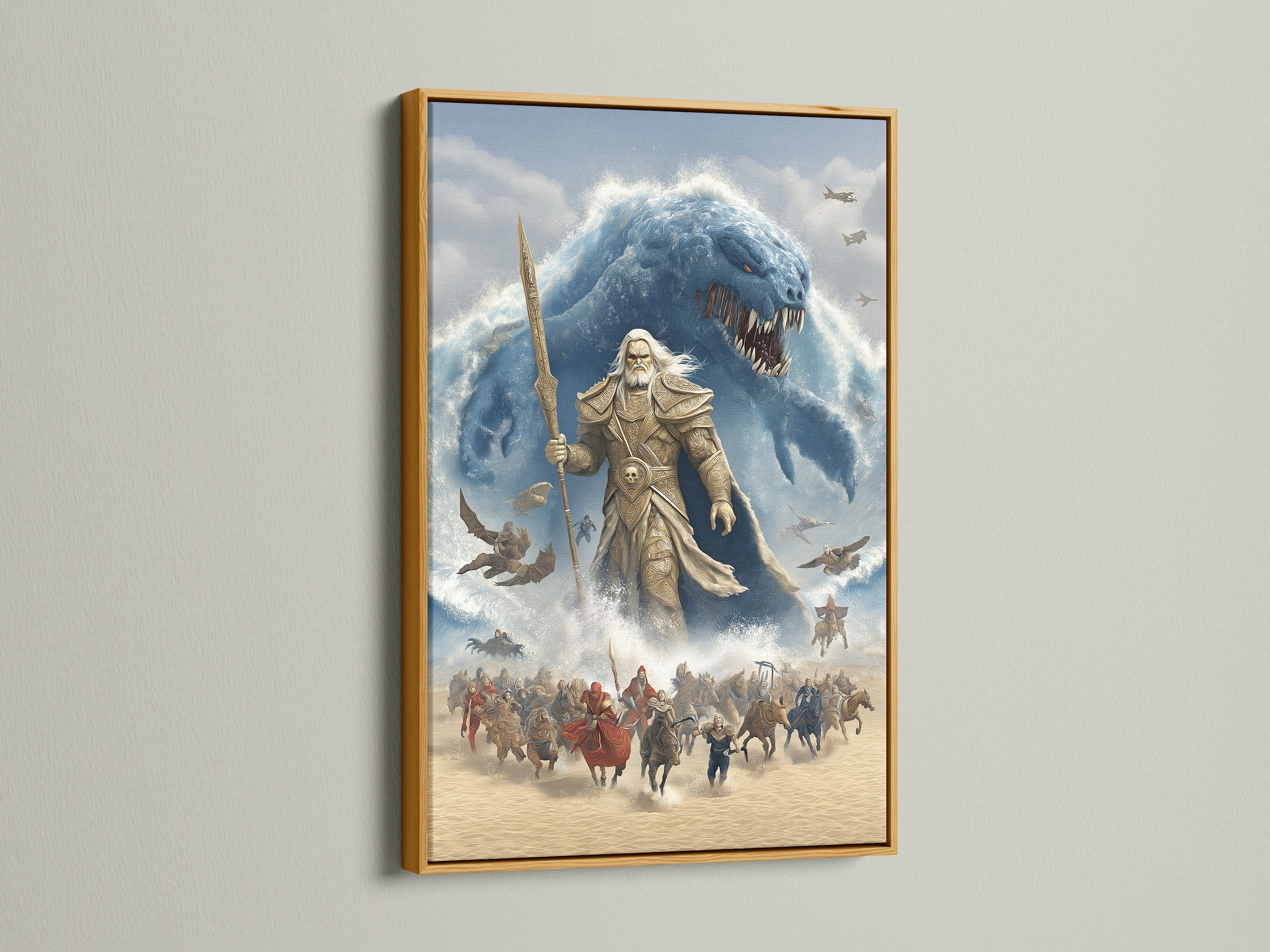 Elevate your space with this Norse Mythology Wall Artwork. Featuring a Poseidon Sea God Canvas Print in a gold frame. This mythological artwork creates a luxurious look. Perfect for game room decor or a man cave.