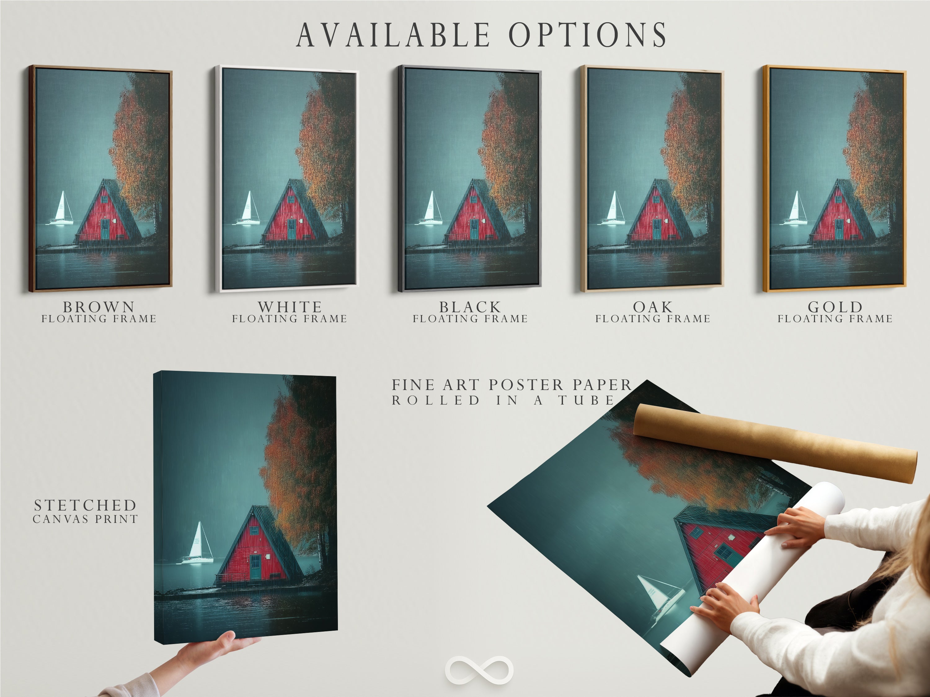 Available options are displayed including a stretched canvas print. Also a fine art poster paper and a floating frame version of the A-Frame Cabin artwork. This artwork features a moody lake landscape perfect for cottagecore decor. Choose the perfect format for your space. A great art piece.