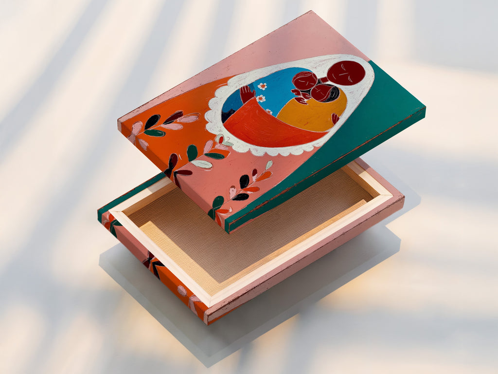 Detailed view of a stretched canvas print. The art features a touching scene of a mother and two children. This method provides a gallery-worthy look. The stretched canvas ensures a smooth and professional finish for your art.