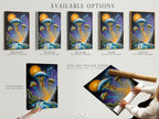 Available options are showcased including a stretched canvas print fine art poster paper and floating frame. Choose the perfect format for your jellyfish artwork. Enhance your space with this surreal ocean wall art. The blue and gold colors create a tranquil atmosphere. This marine artwork is customizable to fit your style.