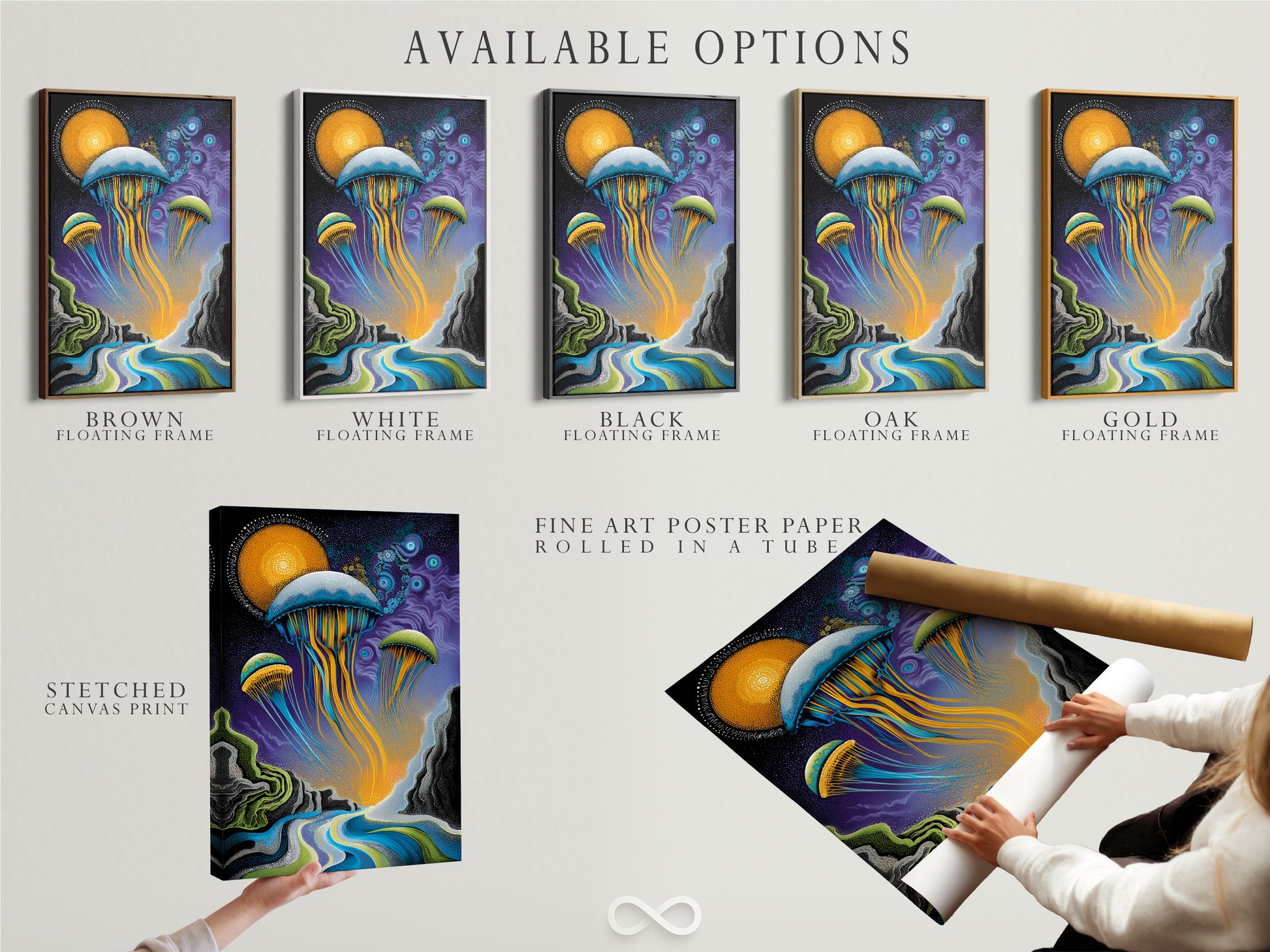 Available options are showcased including a stretched canvas print fine art poster paper and floating frame. Choose the perfect format for your jellyfish artwork. Enhance your space with this surreal ocean wall art. The blue and gold colors create a tranquil atmosphere. This marine artwork is customizable to fit your style.