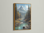 Mountain river art in a gold frame. The gold frame adds a touch of elegance to the mountain wall art. The turquoise stream nature photography is captivating. Perfect for creating a serene space in your home or office.