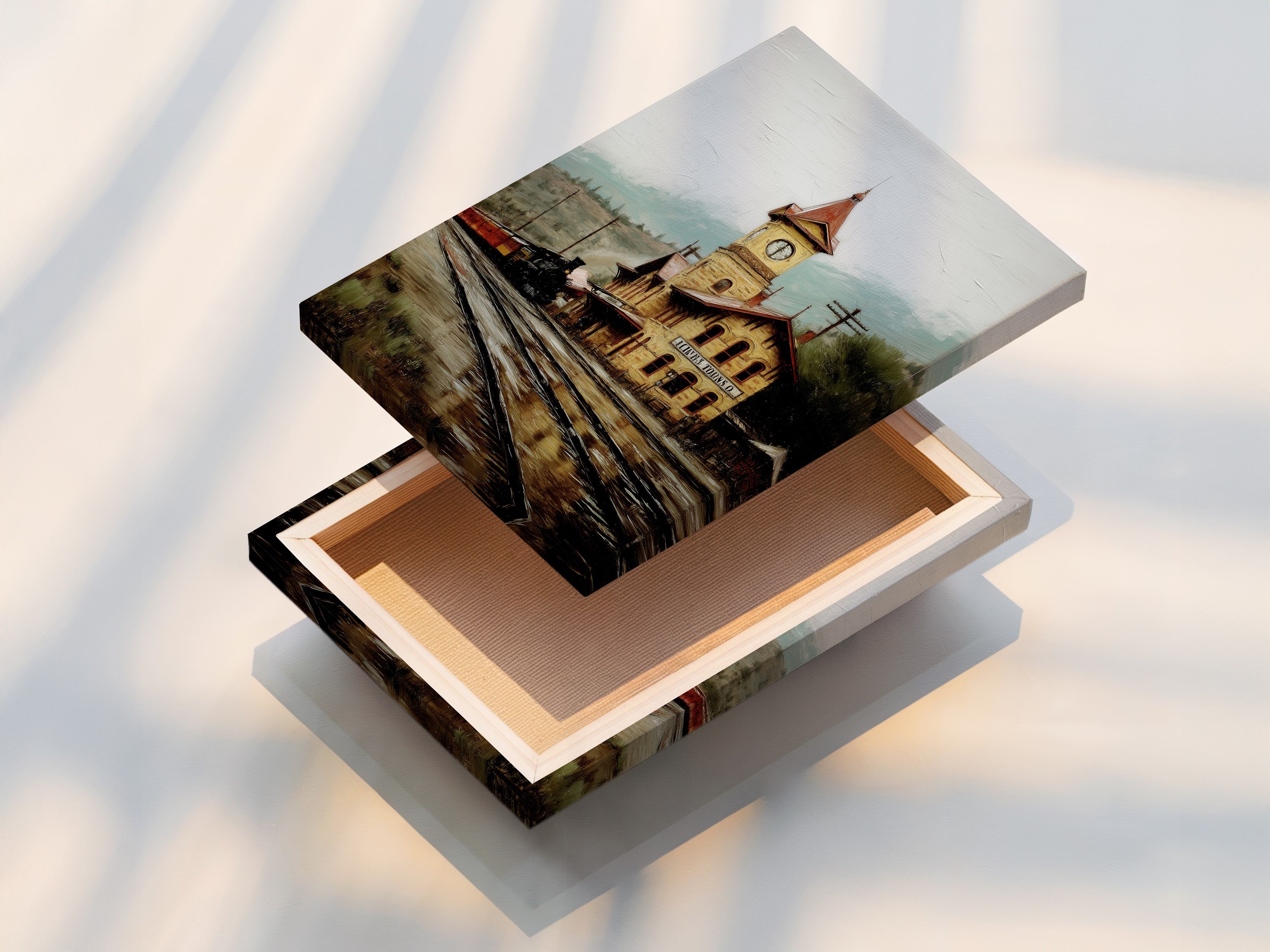 Stretched canvas print of vintage train station artwork. This sepia-toned railway canvas print adds rustic charm to any room. Perfect for adding antique decor to your office or home. Explore our stretched canvas options to enhance your space with timeless railway wall art. Great for history enthusiasts.