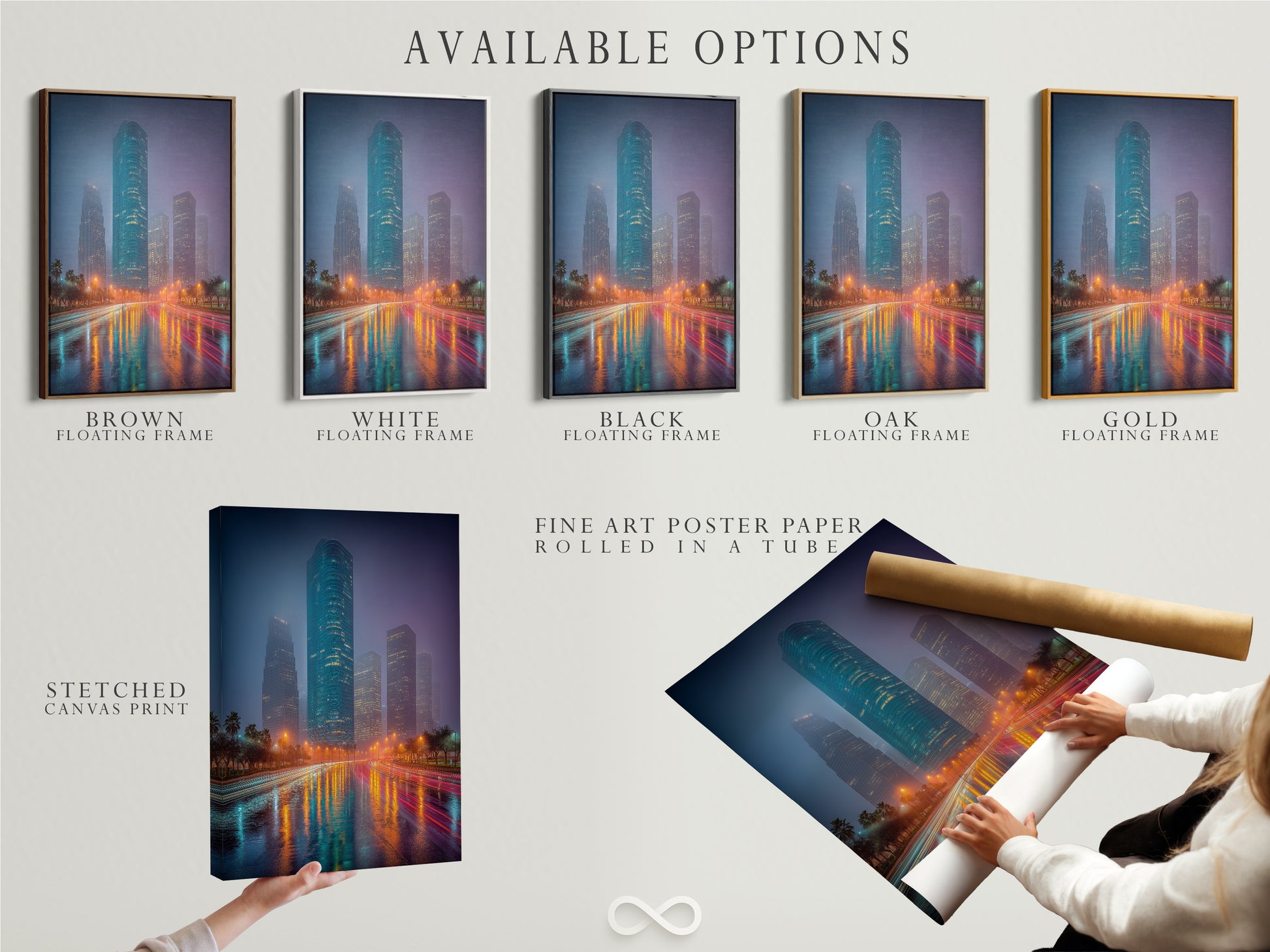 Explore available options for cityscape artwork. Choose from stretched canvas prints or fine art poster paper. Consider a floating frame for a gallery ready finish. Customize your teal and orange urban skyline art to fit your unique style