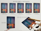 Check out the available options for this artwork. Choose from a stretched canvas print. Opt for fine art poster paper. Consider a floating frame for a modern touch. Perfect for customizing your cityscape art to fit your style. Explore the possibilities for your urban wall decor.