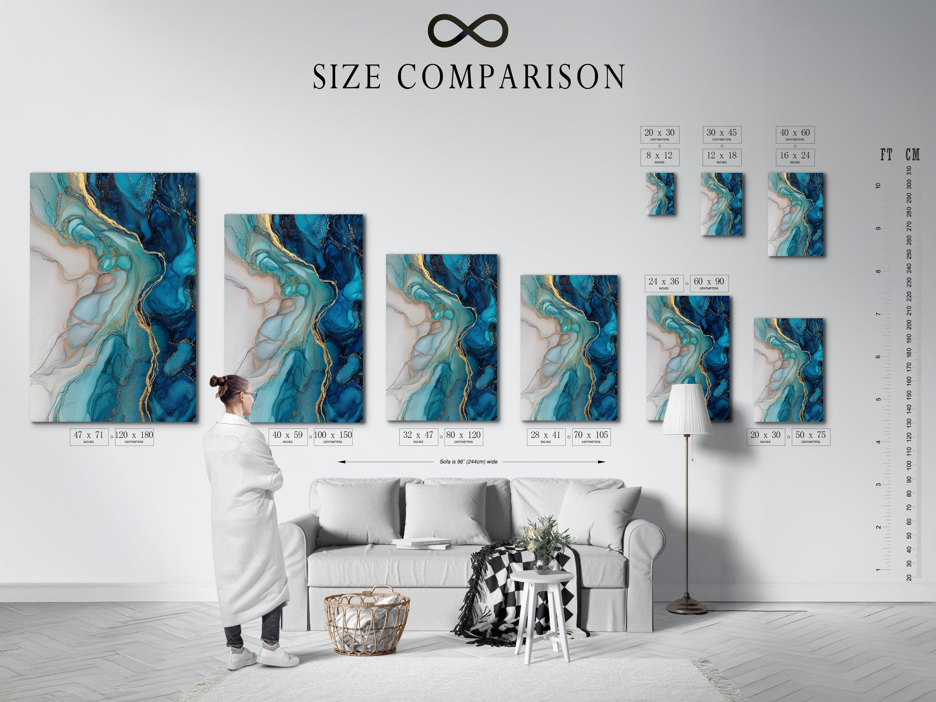 A size comparison chart is displayed in a modern interior. The chart showcases various sizes of blue abstract art prints. These prints feature fluid acrylic textures and gold accents. Find the perfect size for your living room bedroom or office. Discover elevated contemporary wall decor.
