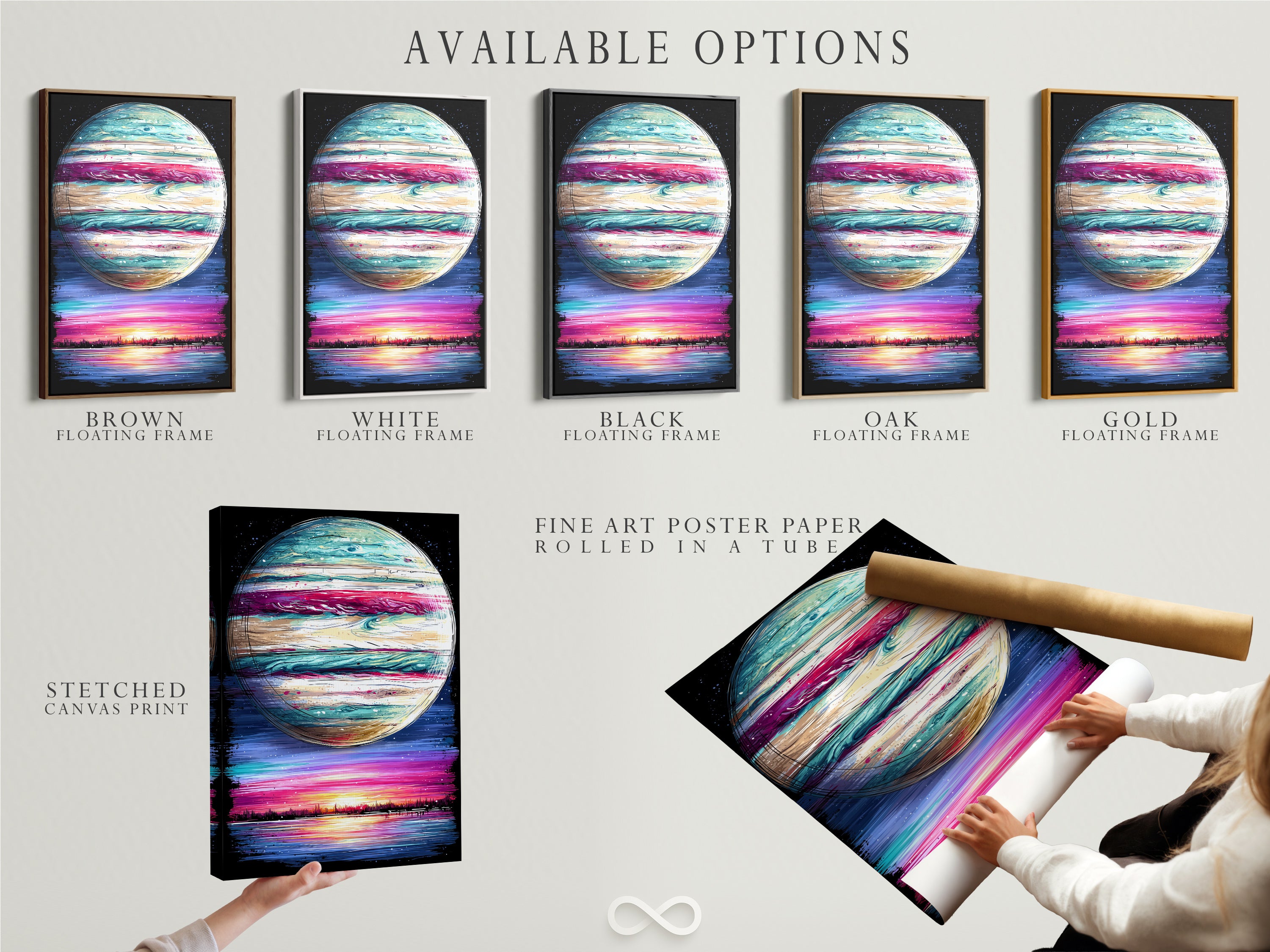 Available options for our planetary artwork. Choose between a stretched canvas print fine art poster paper or a floating frame. Customize your celestial print today. Enhance your modern art print experience.