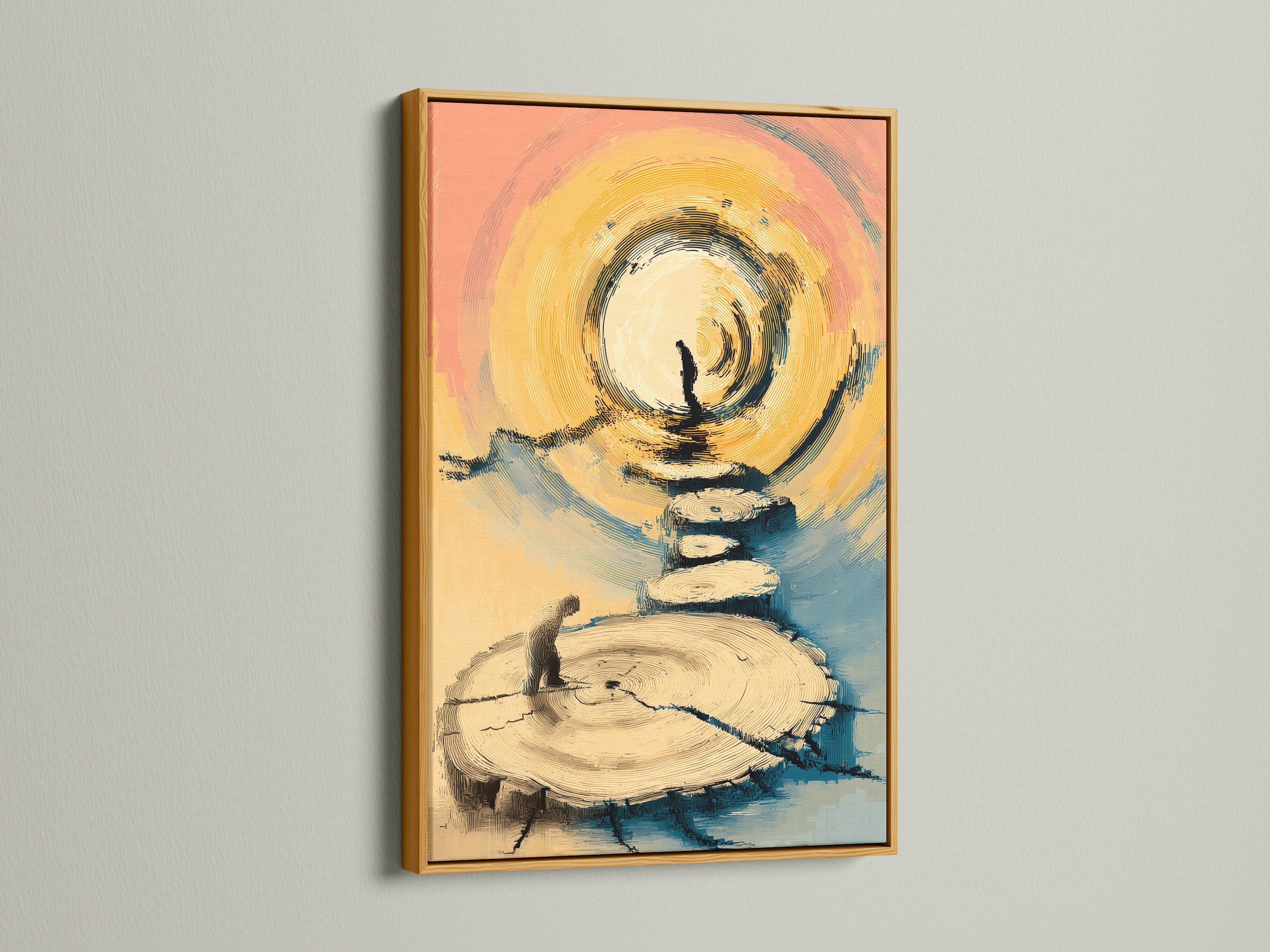 A luxurious gold frame is featured. This frame adds elegance to the zen stone stack artwork. It enhances the warm sunset tones. It is ideal for living room artwork or yoga studio art. Discover gold framed artwork now.