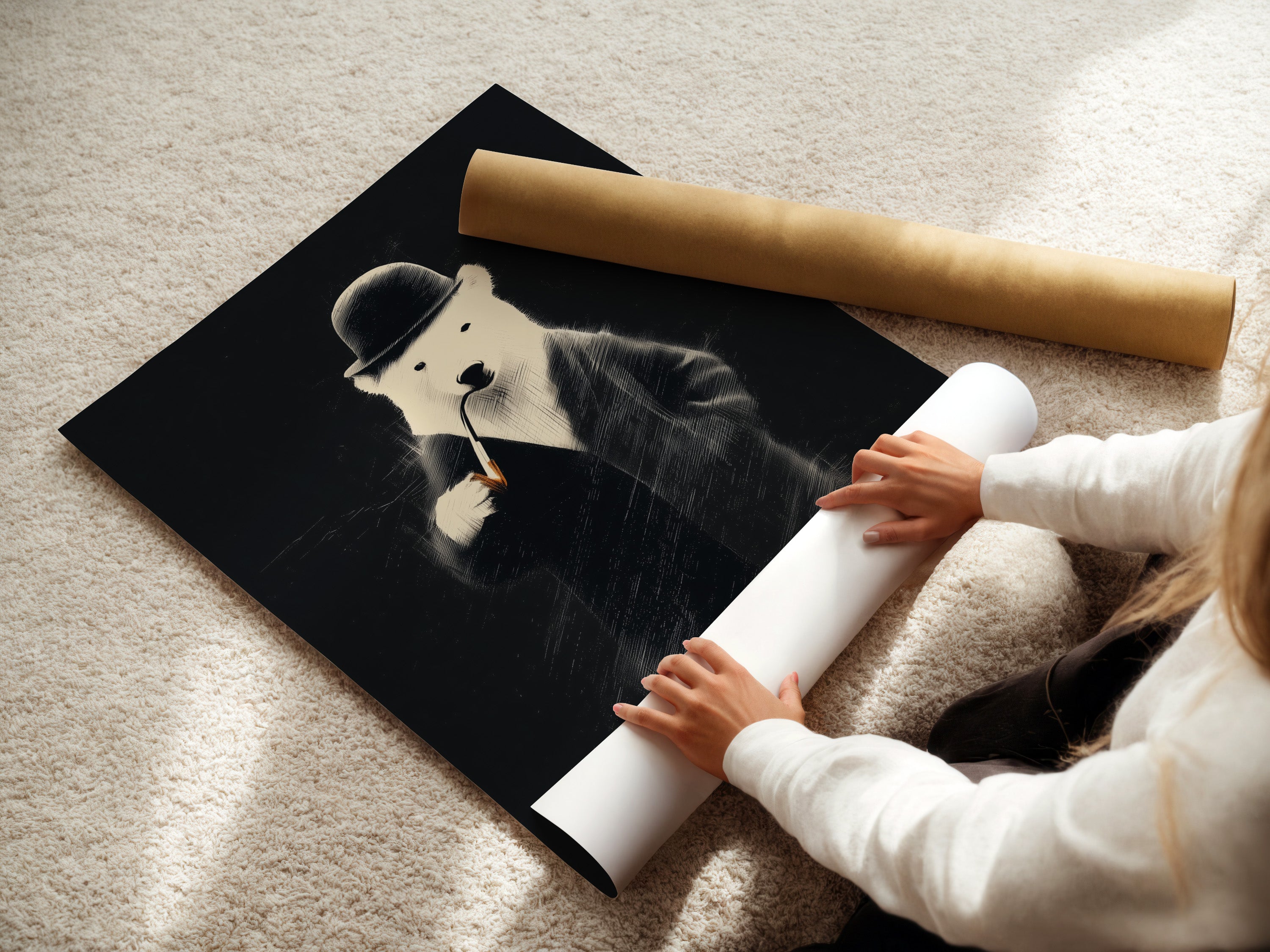 A woman is carefully unrolling fine art poster paper. She is wearing a blue sweater. The paper is smooth and high-quality. This demonstrates the care in handling art materials. We ensure your art is perfect.
