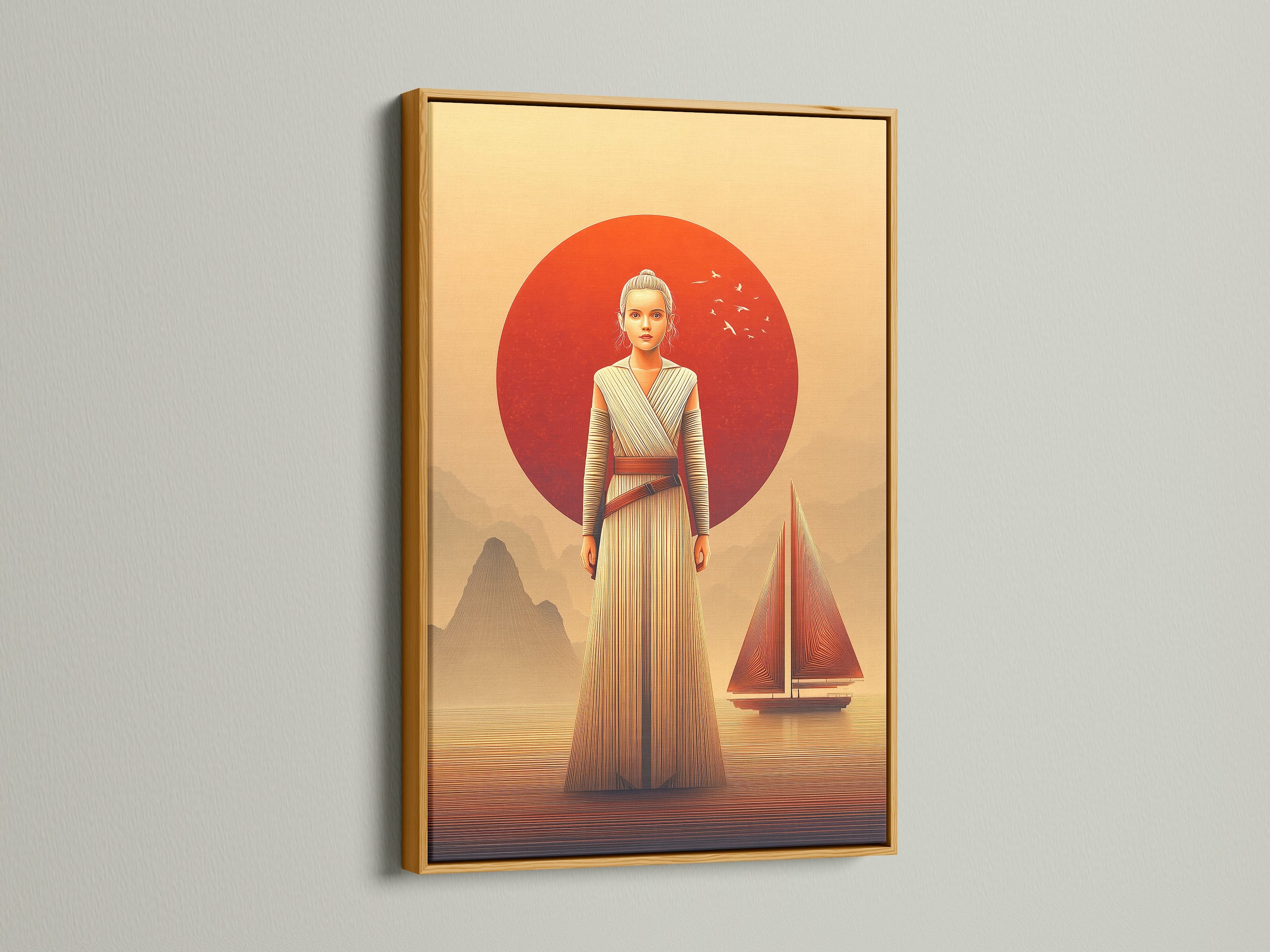 Rey Star Wars canvas print in a gold frame. The gold frame adds a touch of elegance to this film poster art. The gold frame complements the orange wall art. Elevate your galaxy wall art with a gold frame.