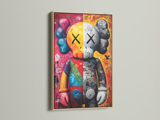 The artwork features a cartoon character with a split face. One side is colorful with LV symbols. The other side is grayscale with graffiti. The artwork is displayed in an oak frame. It enhances the artwork's modern aesthetic.