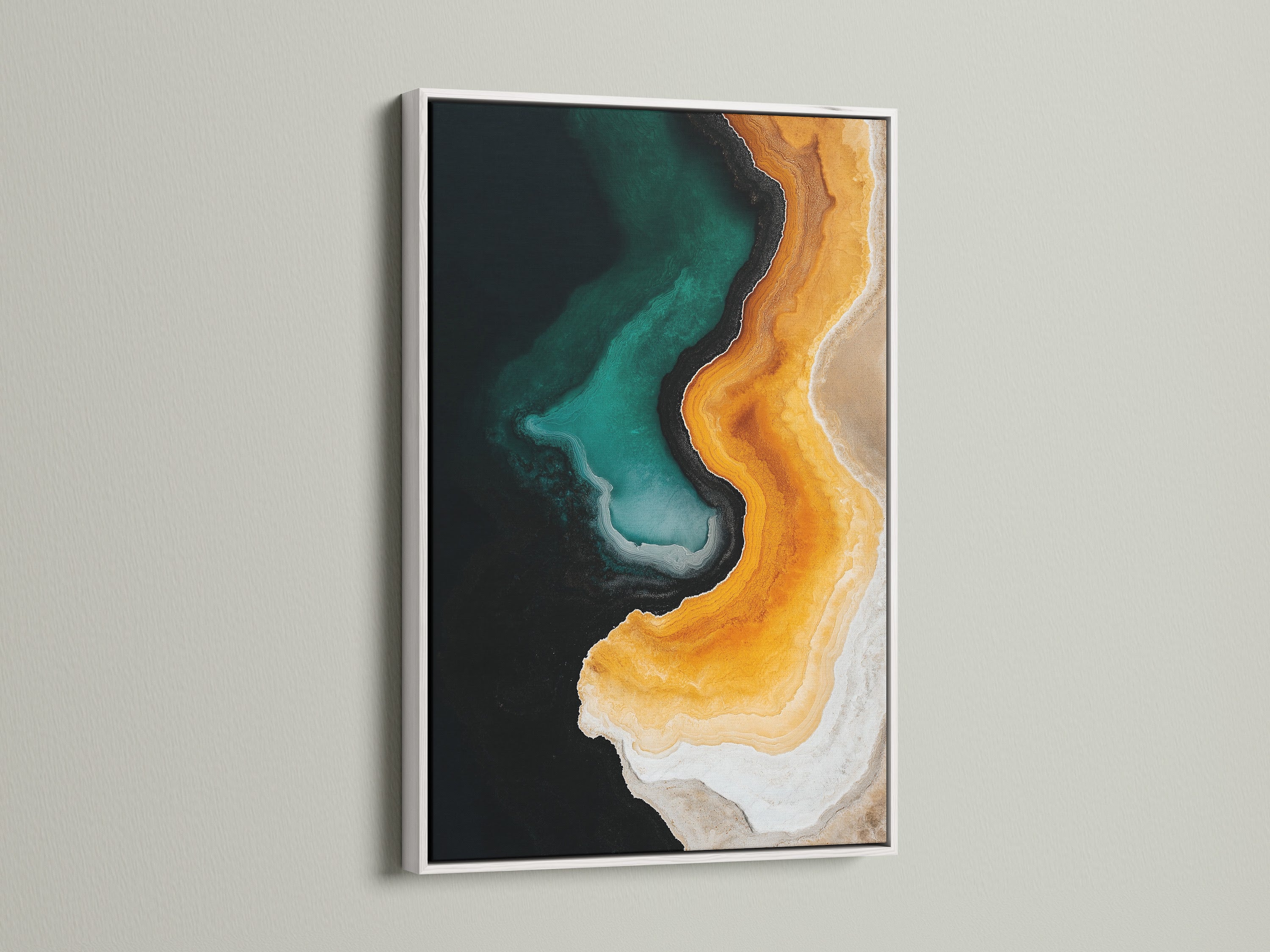 A vibrant artwork is beautifully showcased in a white frame. The crisp white frame creates a clean and modern aesthetic. It allows the artwork's colors to truly pop. Add a touch of contemporary elegance to your home with this white-framed art piece.