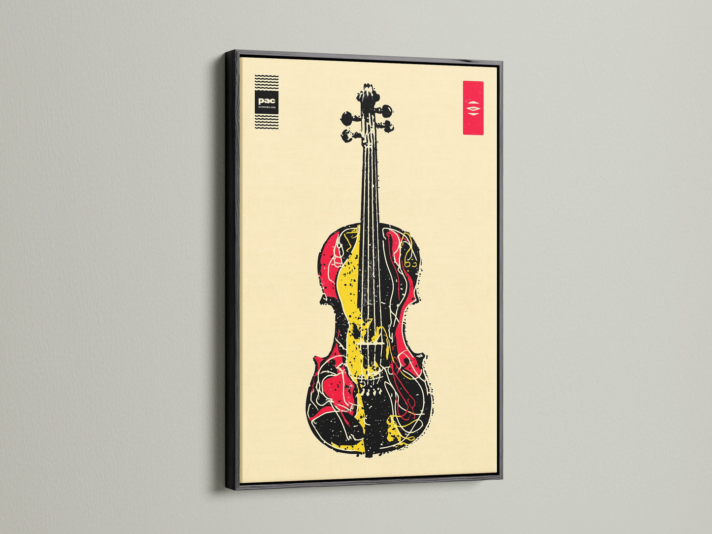 The black frame displays abstract musical instrument artwork. This violin art print is perfect for music lovers. The artwork complements minimalist modern or eclectic styles. Great for music rooms band rooms studios and music schools. Enhance your space with this contemporary wall decor.