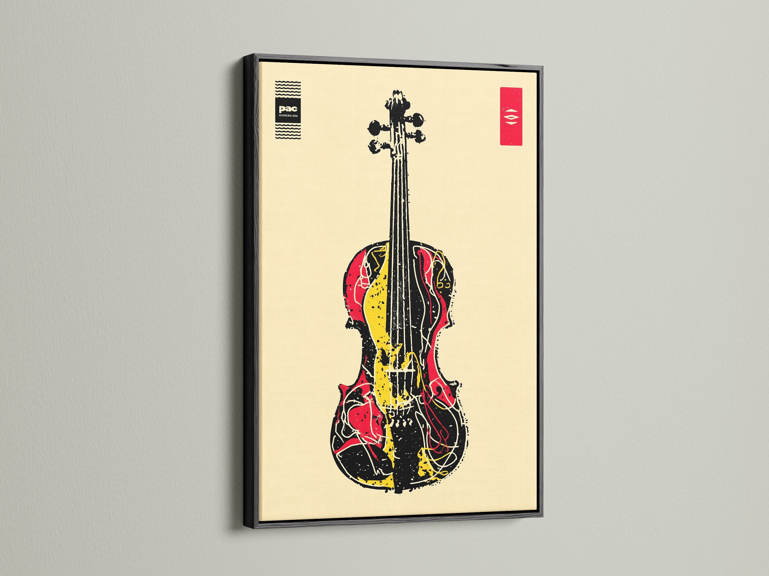 The black frame displays abstract musical instrument artwork. This violin art print is perfect for music lovers. The artwork complements minimalist modern or eclectic styles. Great for music rooms band rooms studios and music schools. Enhance your space with this contemporary wall decor.
