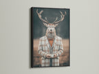 Gentleman Deer art print in a sleek black frame. This animal portrait art offers a vintage yet modern appeal. It is ideal for adding quirky decor to your office. The anthropomorphic artwork stands out. This is a great choice for business owners.
