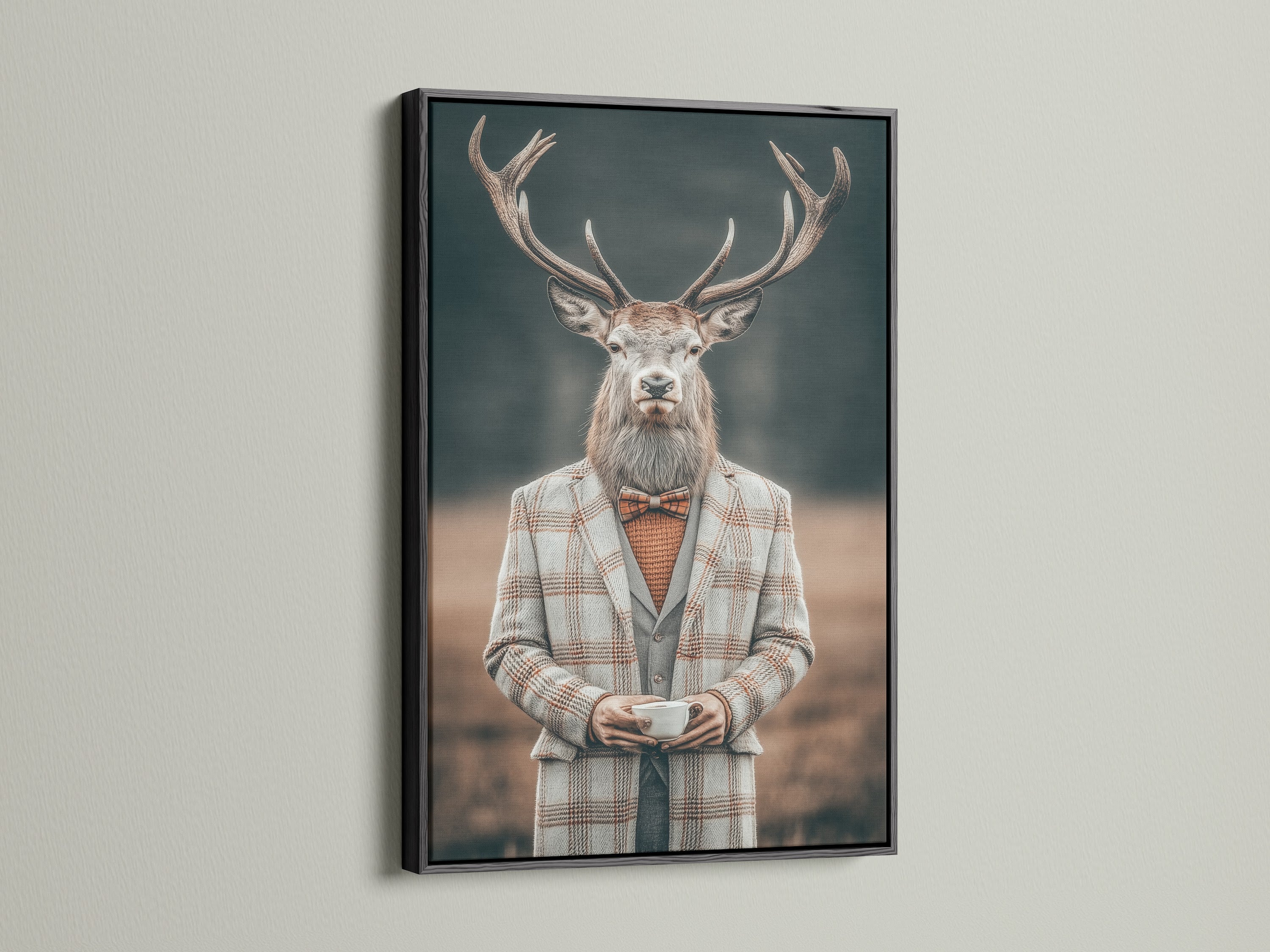 Gentleman Deer art print in a sleek black frame. This animal portrait art offers a vintage yet modern appeal. It is ideal for adding quirky decor to your office. The anthropomorphic artwork stands out. This is a great choice for business owners.