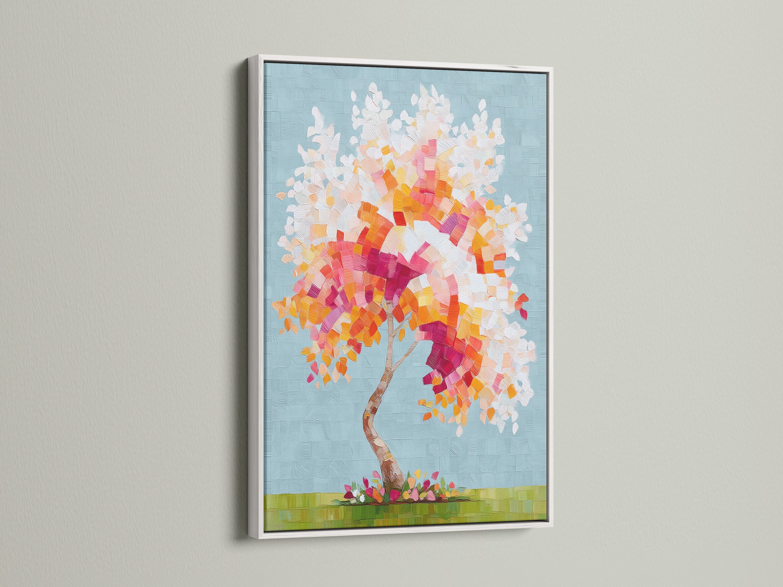 This mosaic wall art features a white frame. The colorful tree artwork stands out against the wall. It is a modern nature art piece. This abstract tree print is perfect for bedroom wall decor. The pink and orange hues create a vibrant focal point.