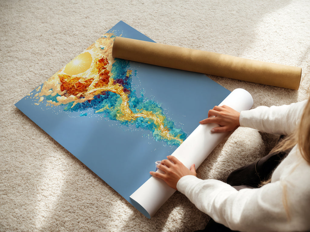 A woman carefully rolls a fine art poster paper. This highlights the care in production. The poster features abstract spiritual artwork. Perfect for adding a touch of zen to your meditation room decor.