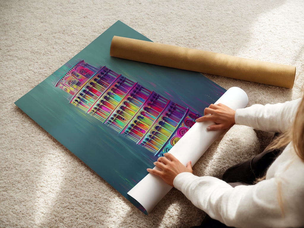 A woman is carefully rolling fine art poster paper. This paper is perfect for vibrant art prints. Get your Leaning Tower of Pisa artwork as a poster. High quality materials ensure lasting beauty for travel wall art