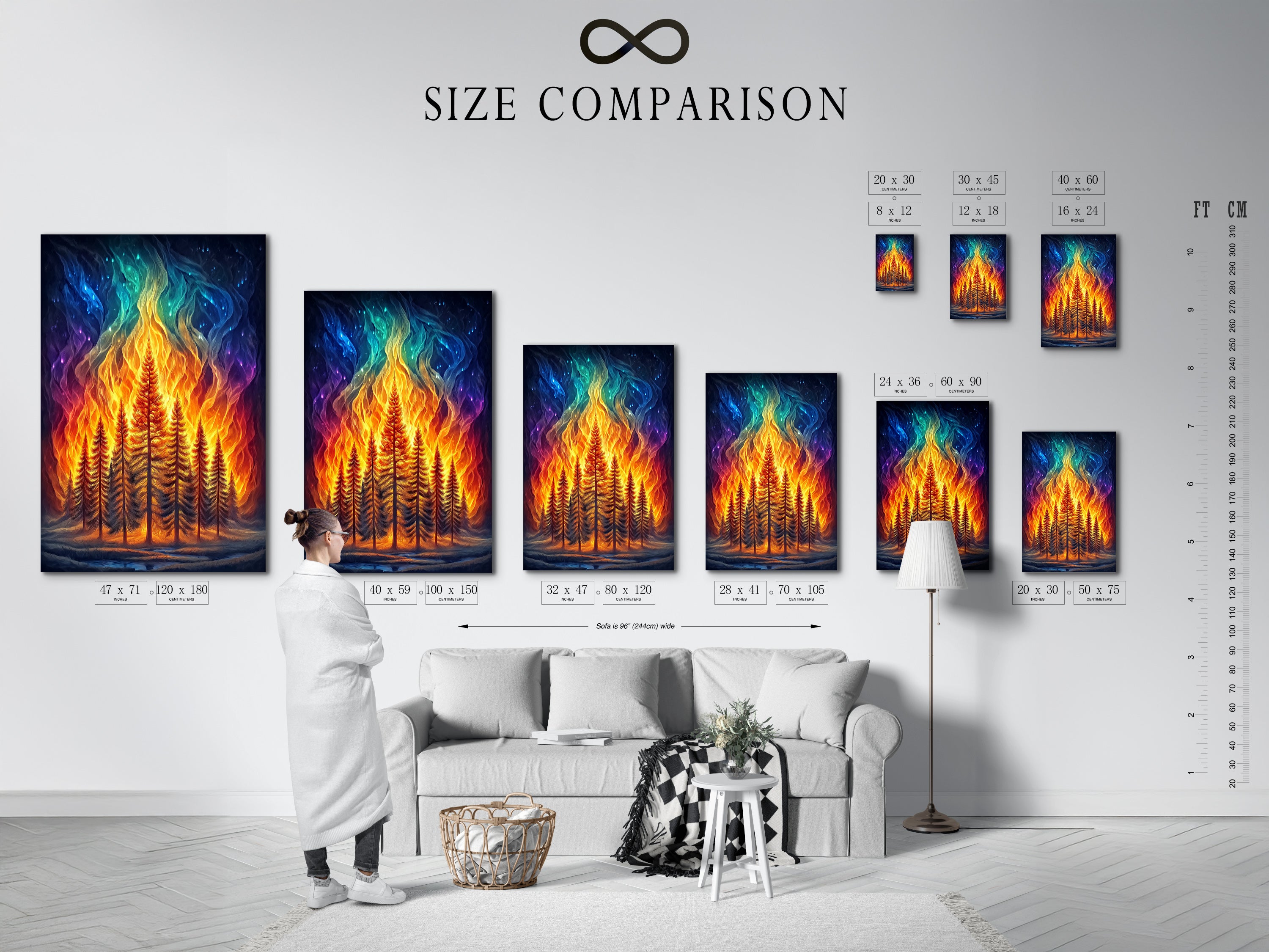 A size comparison chart displayed in an interior setting. The Aurora Forest canvas print shows various sizes. The fantasy landscape wall art fits any space. See how the colorful celestial tree artwork looks in your home. Find the perfect size for your home decor.