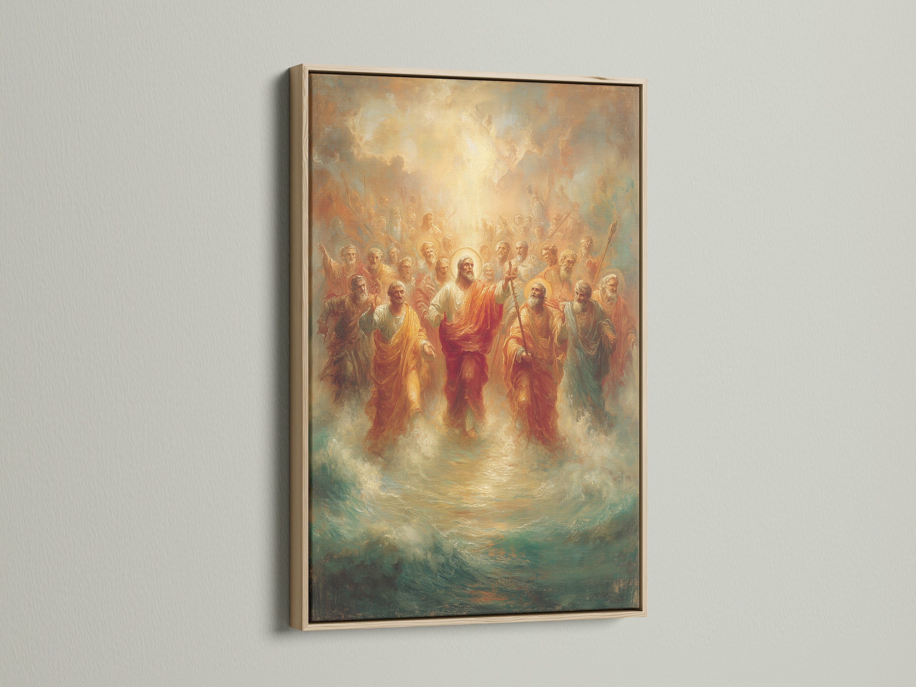 Religious art canvas print featuring Jesus Christ with Apostles is beautifully showcased in an oak frame. This Christian canvas art adds a touch of faith to any home decor. Ideal for creating a serene prayer room or spiritual space.