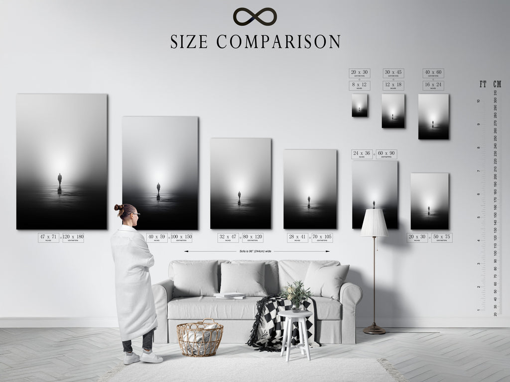The size comparison chart shows this artwork in an interior setting. It displays the minimalist solitude canvas print. The foggy water reflection is visible. Choose the perfect size for your space.