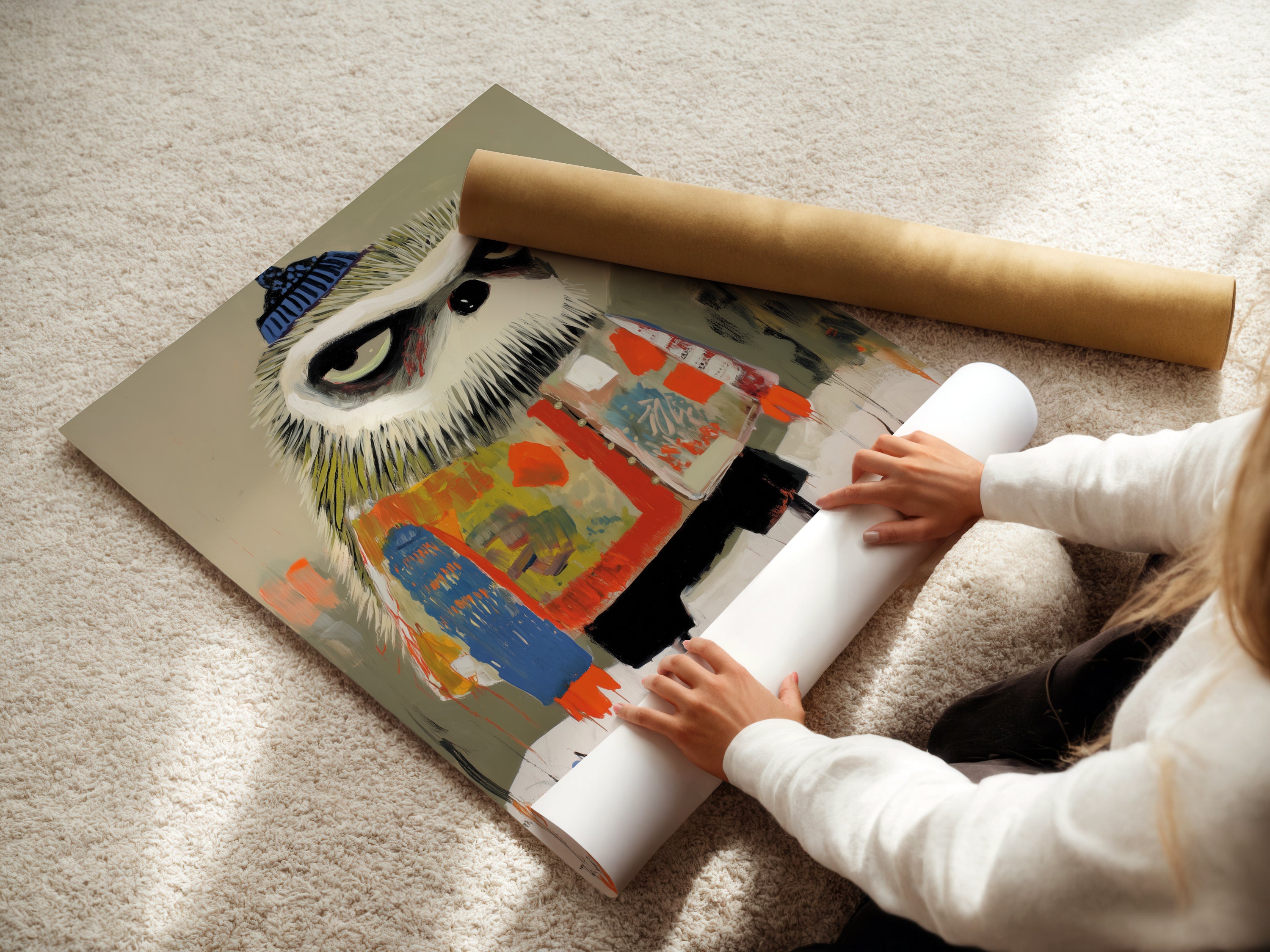 A woman carefully rolls a fine art poster paper featuring the skiing owl art. This image emphasizes the care and quality of the print. Ideal for kids room wall decor or nursery wall art this winter animal print brings a playful touch. Perfect for modern eclectic and Scandinavian interiors.