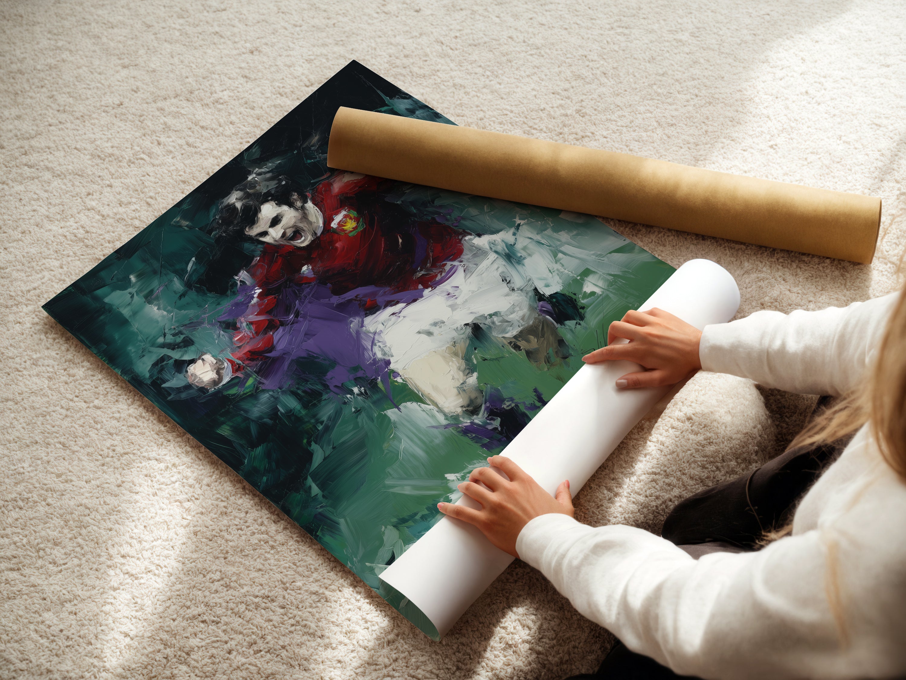 A woman is carefully rolling a fine art poster paper print. The soccer player art features an abstract sports theme. This dynamic action painting will enhance living rooms bedrooms offices or man caves. It is perfect for any sports enthusiast.