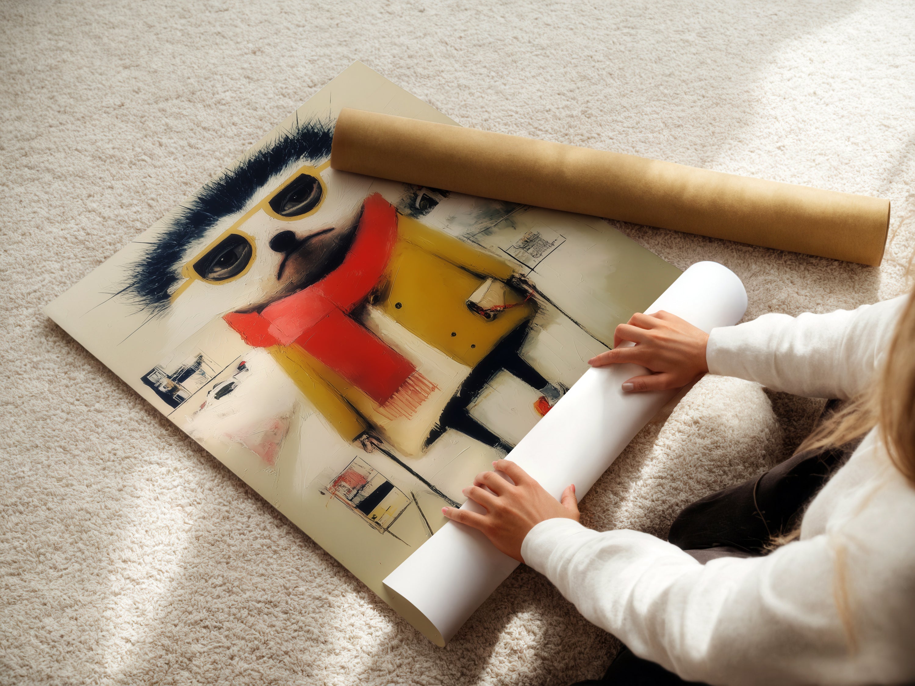 Woman rolling a fine art poster paper. Preparing a quirky ski animal artwork for display. Get ready to add whimsical winter art to your walls. Perfect for kids' rooms or boutique decor
