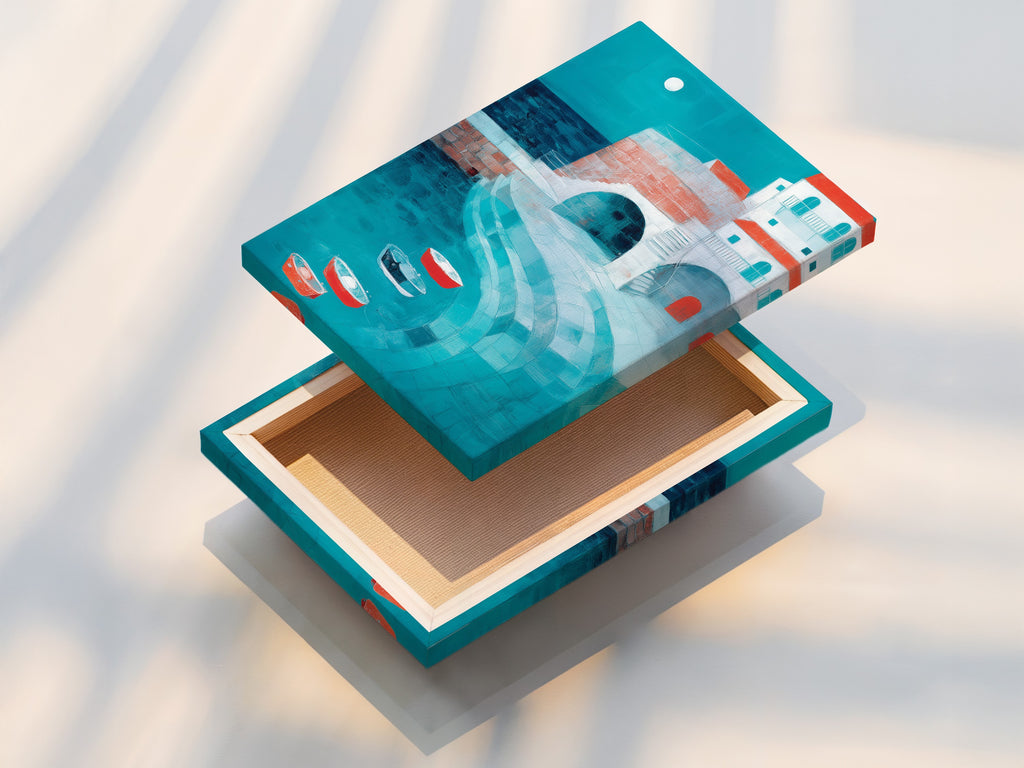 Here is a stretched canvas print of a coastal village. The canvas texture adds depth to the turquoise seascape. See the vivid colors and intricate details of the artwork. This stretched canvas is ready to hang and enjoy. Bring the charm of the Mediterranean into your home.