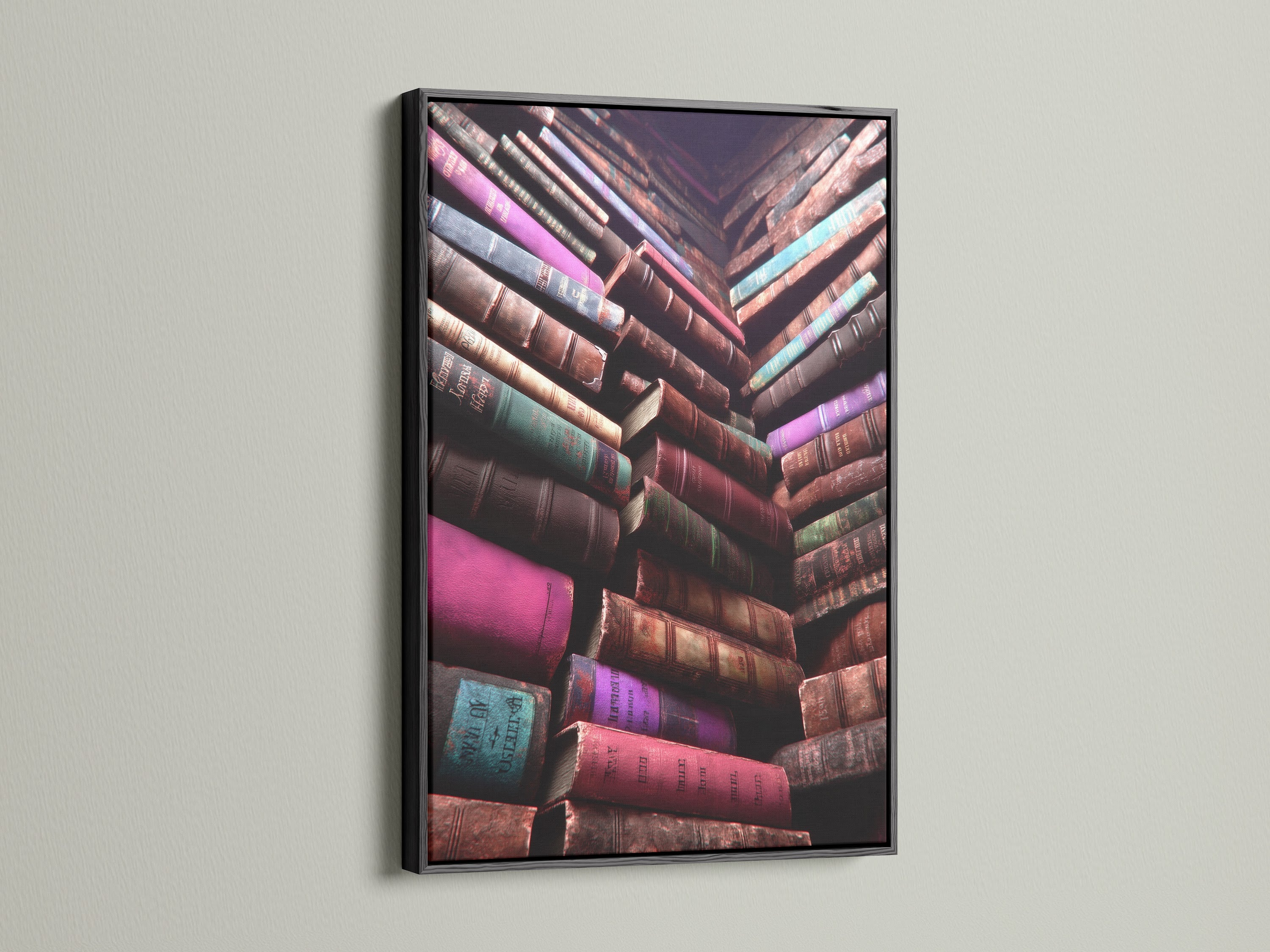 Vintage Books Canvas Artwork with a black frame. This is a great literary artwork. This stacked book wall art is a great academia decor piece. It is a perfect book lover gift. The library canvas is ideal for home offices. A scholar gift for any space.