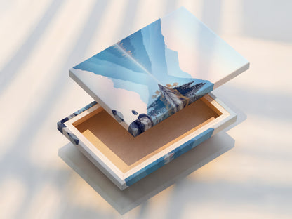 This is a stretched canvas print of mountain lake artwork. The serene nature landscape photography is ready to hang. Pastel blue wall art enhances any room. The artwork is perfect for calming bedroom wall decor. The stretched canvas provides a clean modern look. It elevates any space.