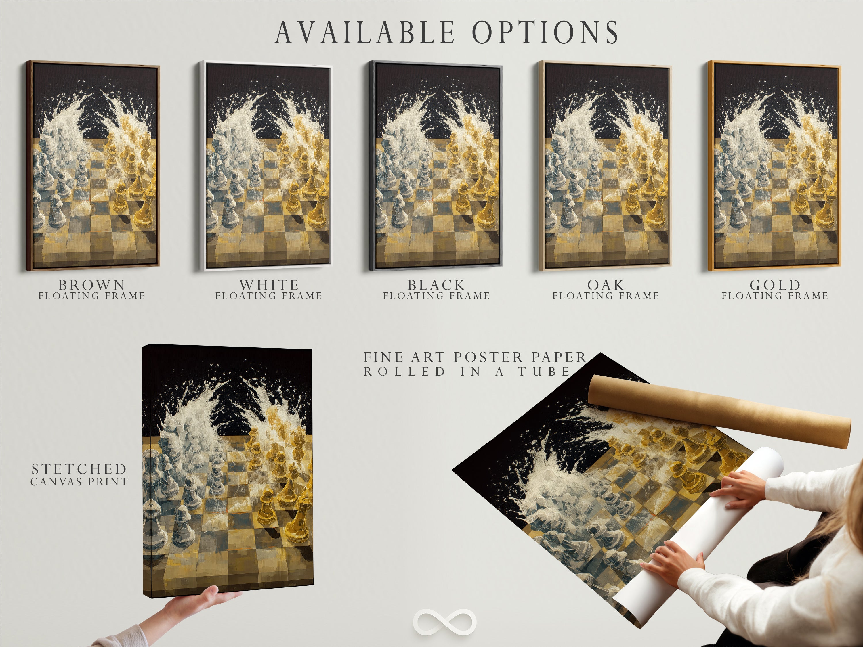Explore the available options for this modern chess game artwork. Choose from a stretched canvas print fine art poster paper or floating frame. Customize your selection to match your style and decor needs.