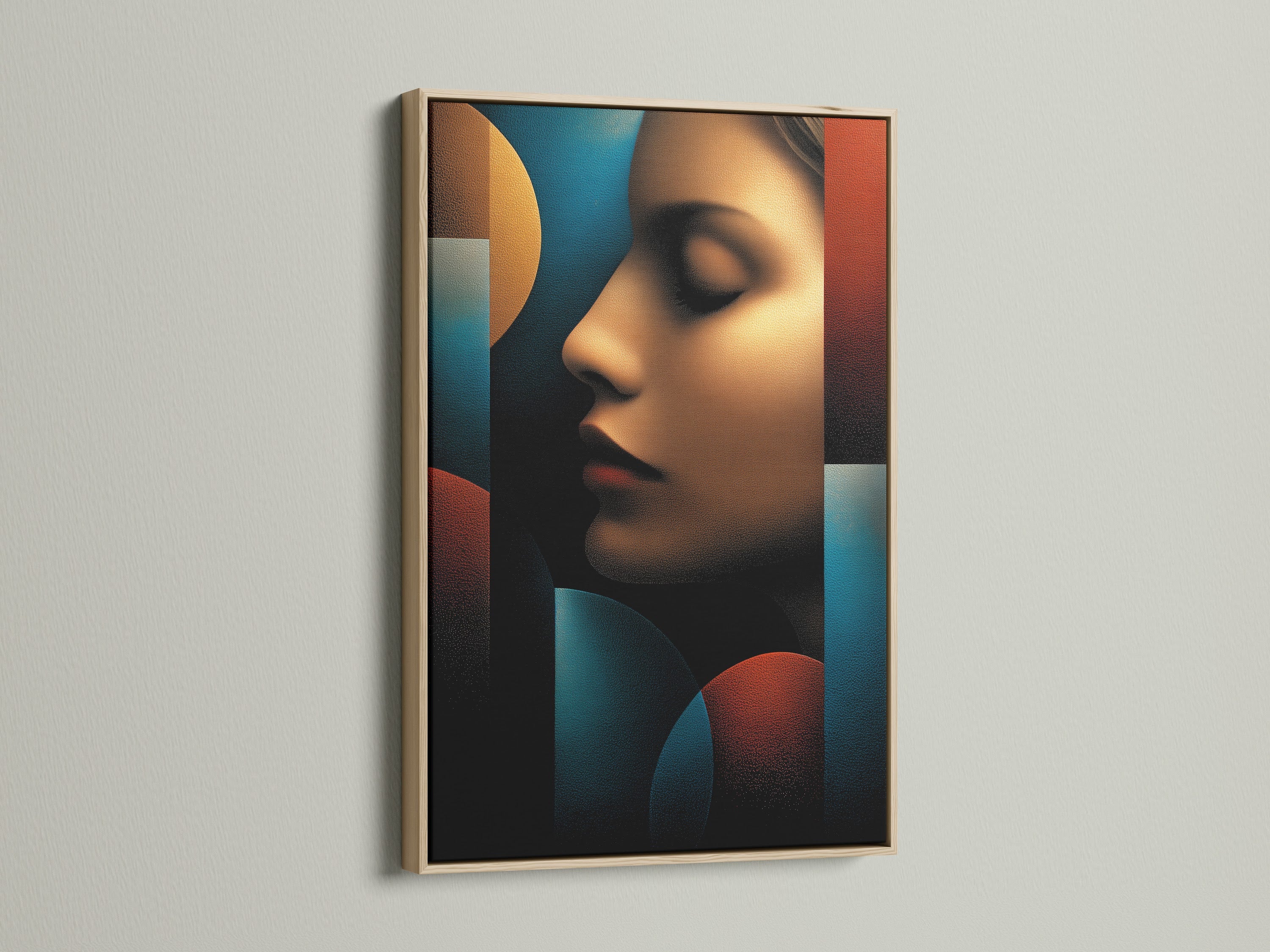 The oak frame artwork is showcased. The artwork features a woman's profile with geometric shapes. The colors are rich and vibrant. This is a stylish addition to any room. The oak frame provides a natural look.