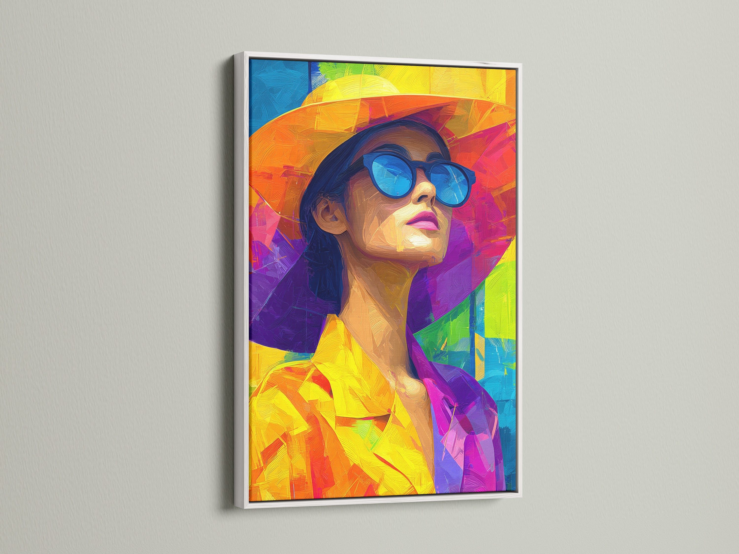A white frame encases a colorful art print. The artwork depicts a woman with sunglasses and a hat. The white frame offers a clean modern look. It makes the art pop against the wall. The frame's neutral tone complements the artwork’s vibrant colors.