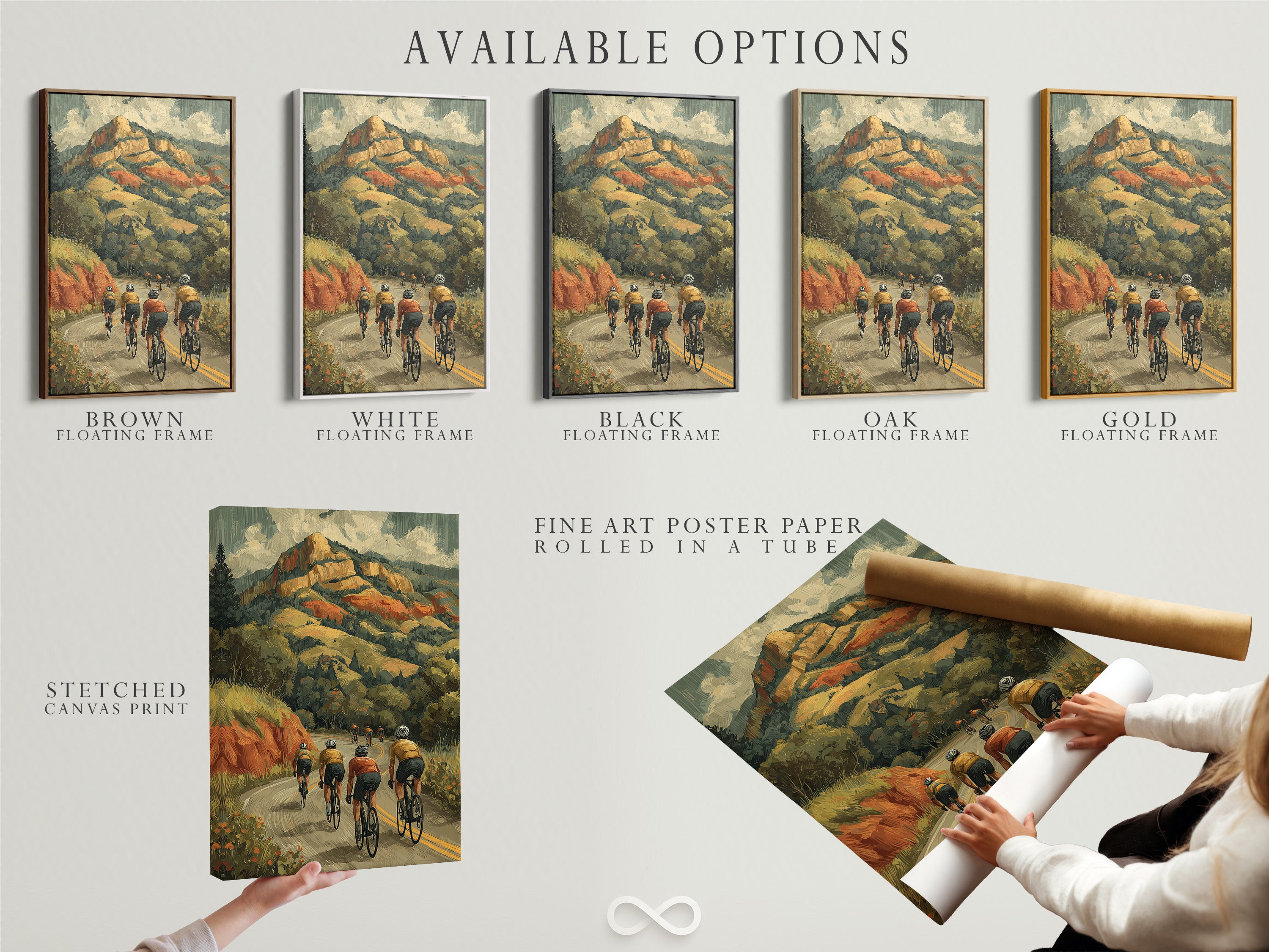 Available options for cycling wall art prints. Choose from stretched canvas prints fine art poster paper or floating frames. Customize your artwork to fit your style. Discover our range of cycling decor options